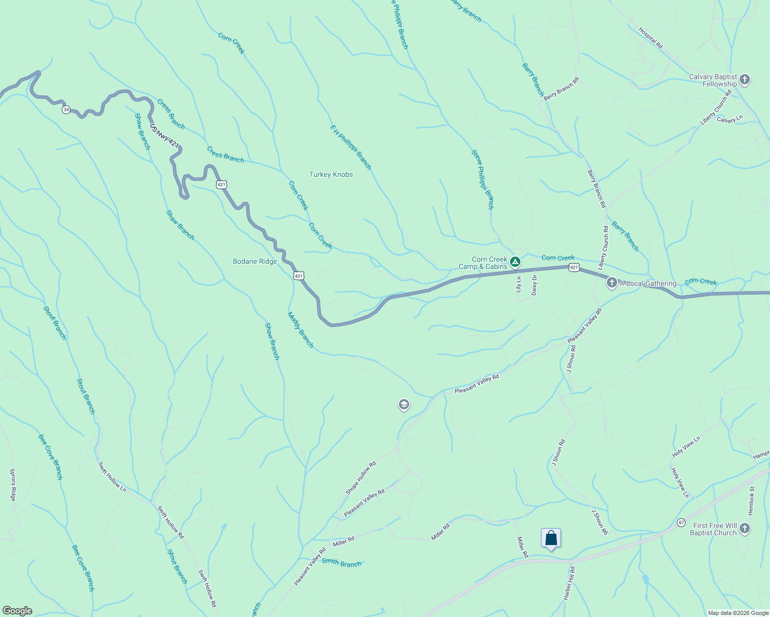 map of restaurants, bars, coffee shops, grocery stores, and more near 3020 Highway 421 North in Mountain City