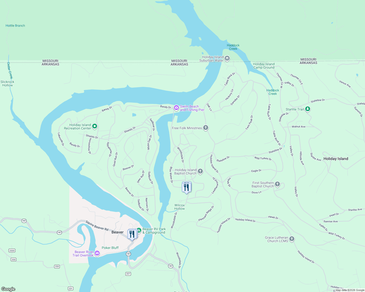 map of restaurants, bars, coffee shops, grocery stores, and more near 86 Hillside Drive in Holiday Island