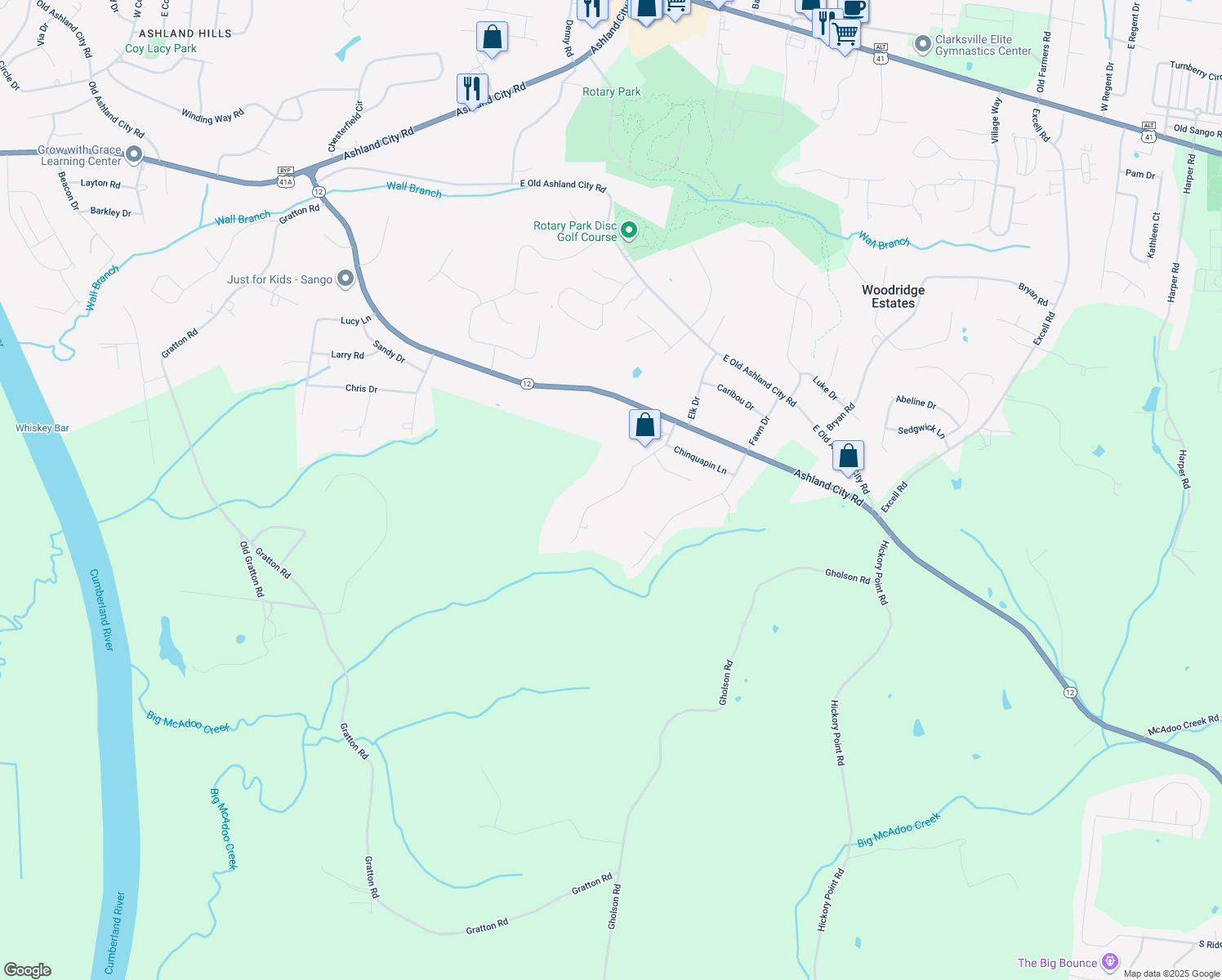 map of restaurants, bars, coffee shops, grocery stores, and more near 738 Acorn Drive in Clarksville
