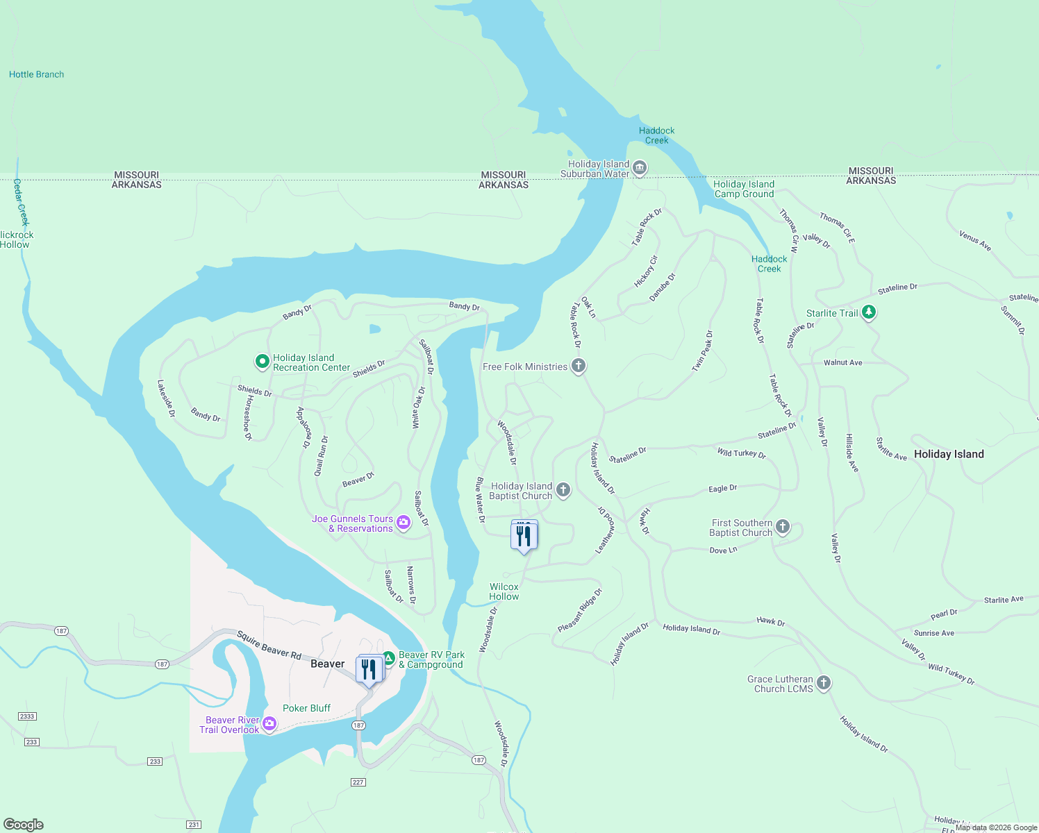 map of restaurants, bars, coffee shops, grocery stores, and more near 86 Hillside Drive in Holiday Island