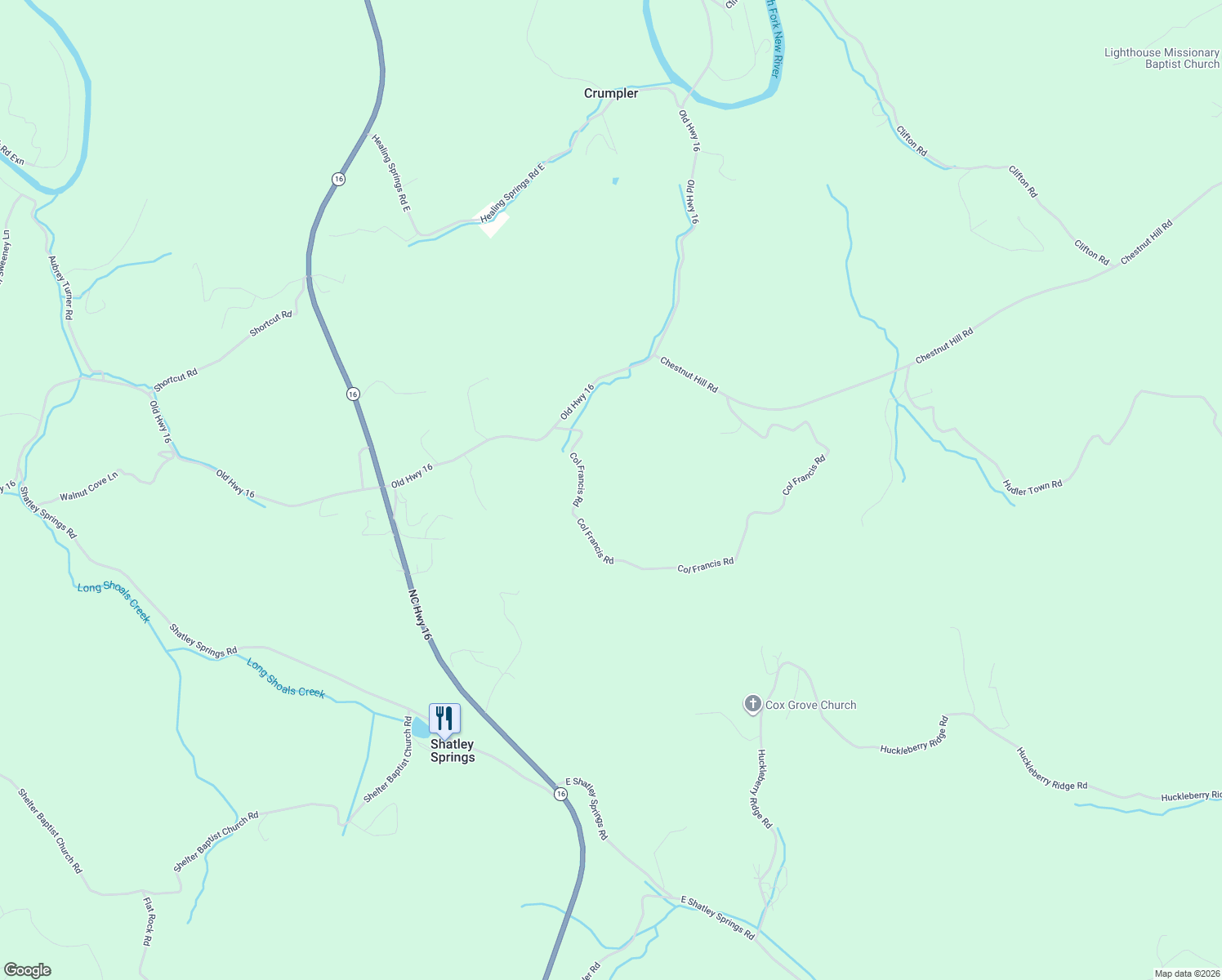 map of restaurants, bars, coffee shops, grocery stores, and more near 389 Col Francis Road in Crumpler