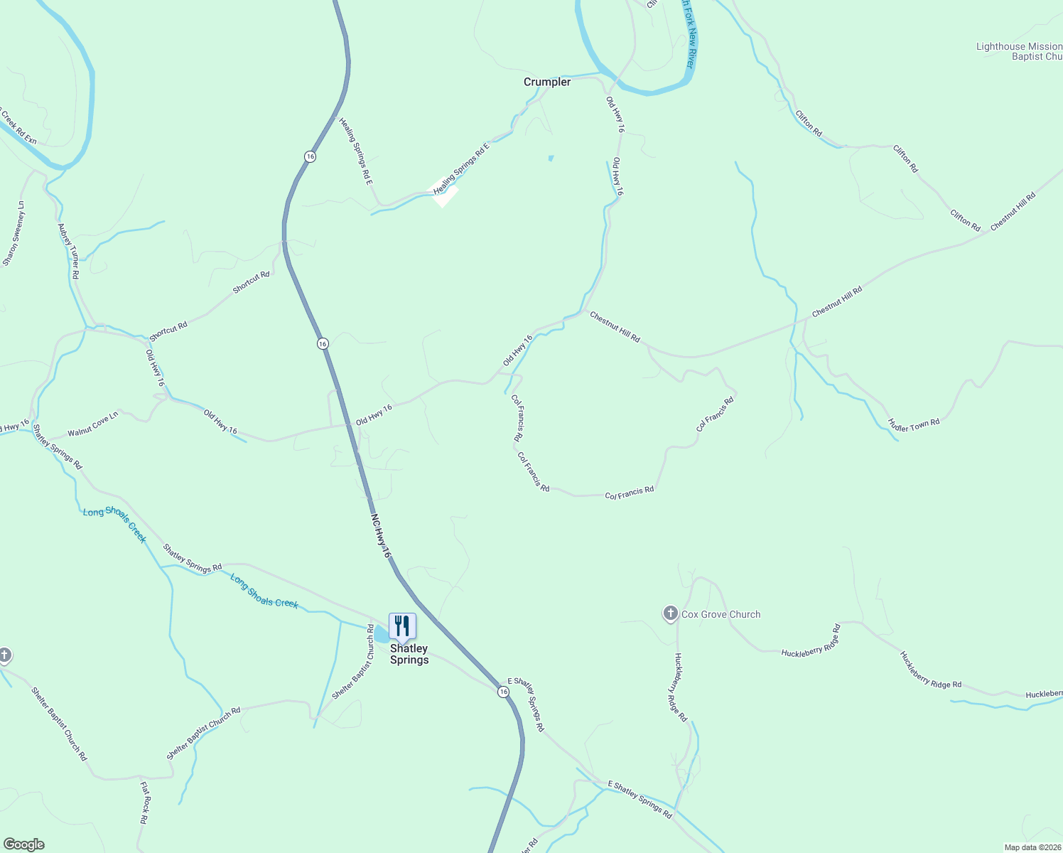 map of restaurants, bars, coffee shops, grocery stores, and more near 389 Col Francis Road in Crumpler