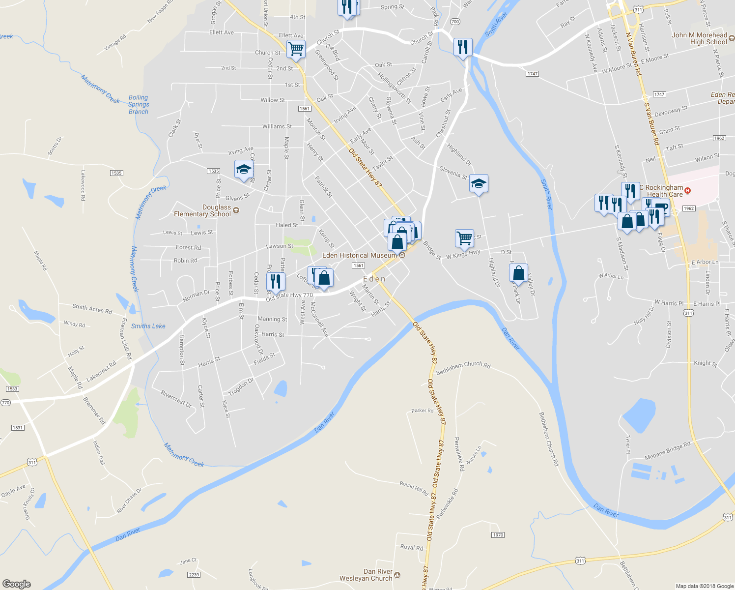 map of restaurants, bars, coffee shops, grocery stores, and more near 916 Burton Street in Eden