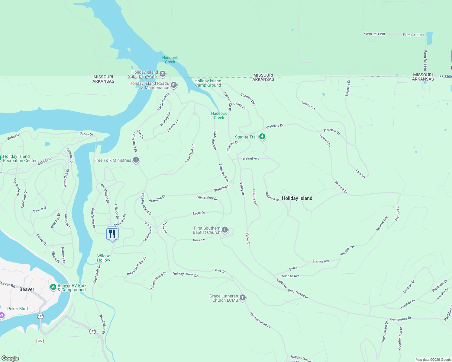 map of restaurants, bars, coffee shops, grocery stores, and more near 213 Table Rock Drive in Holiday Island
