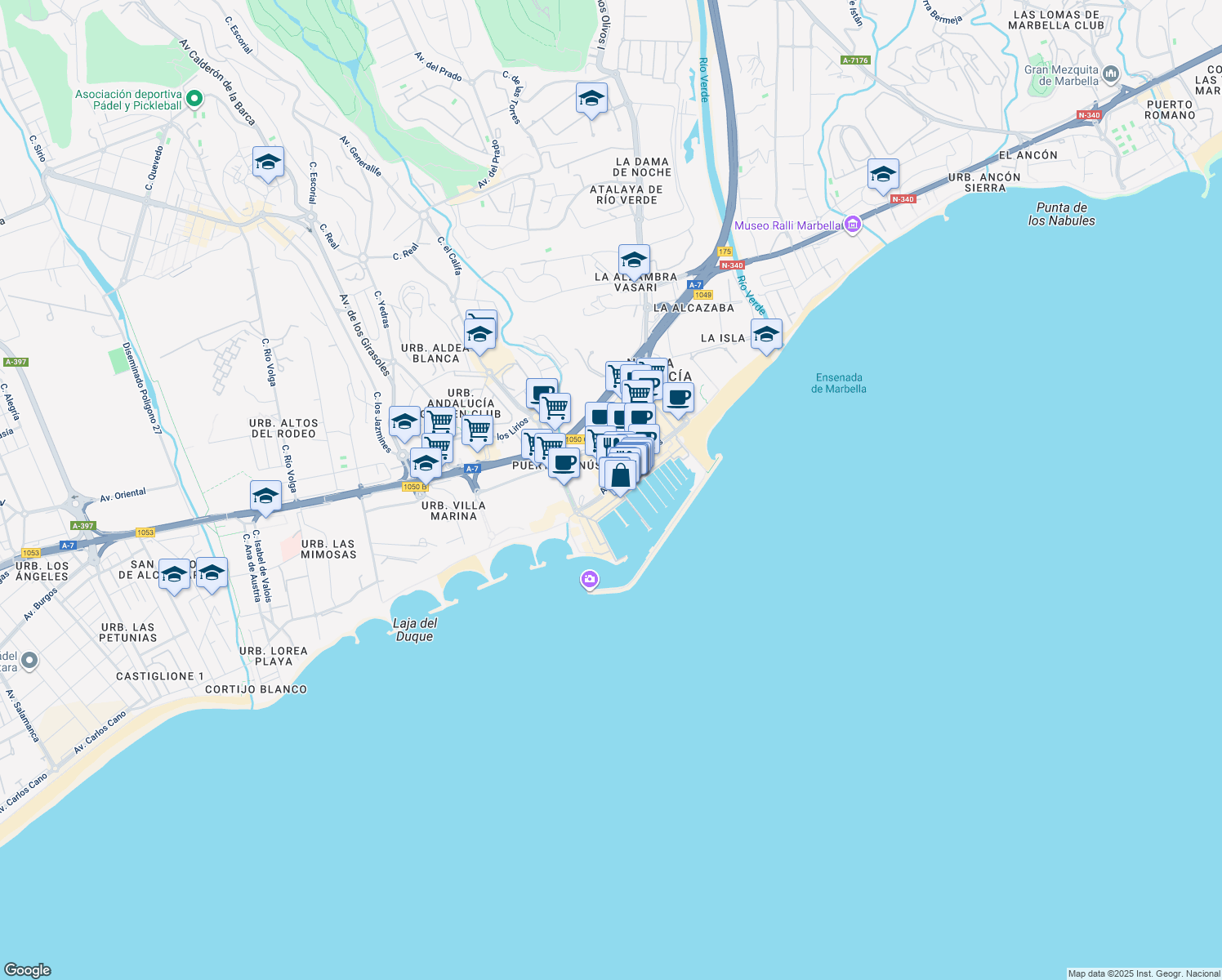 map of restaurants, bars, coffee shops, grocery stores, and more near 12 Avenida Julio Iglesias in Marbella