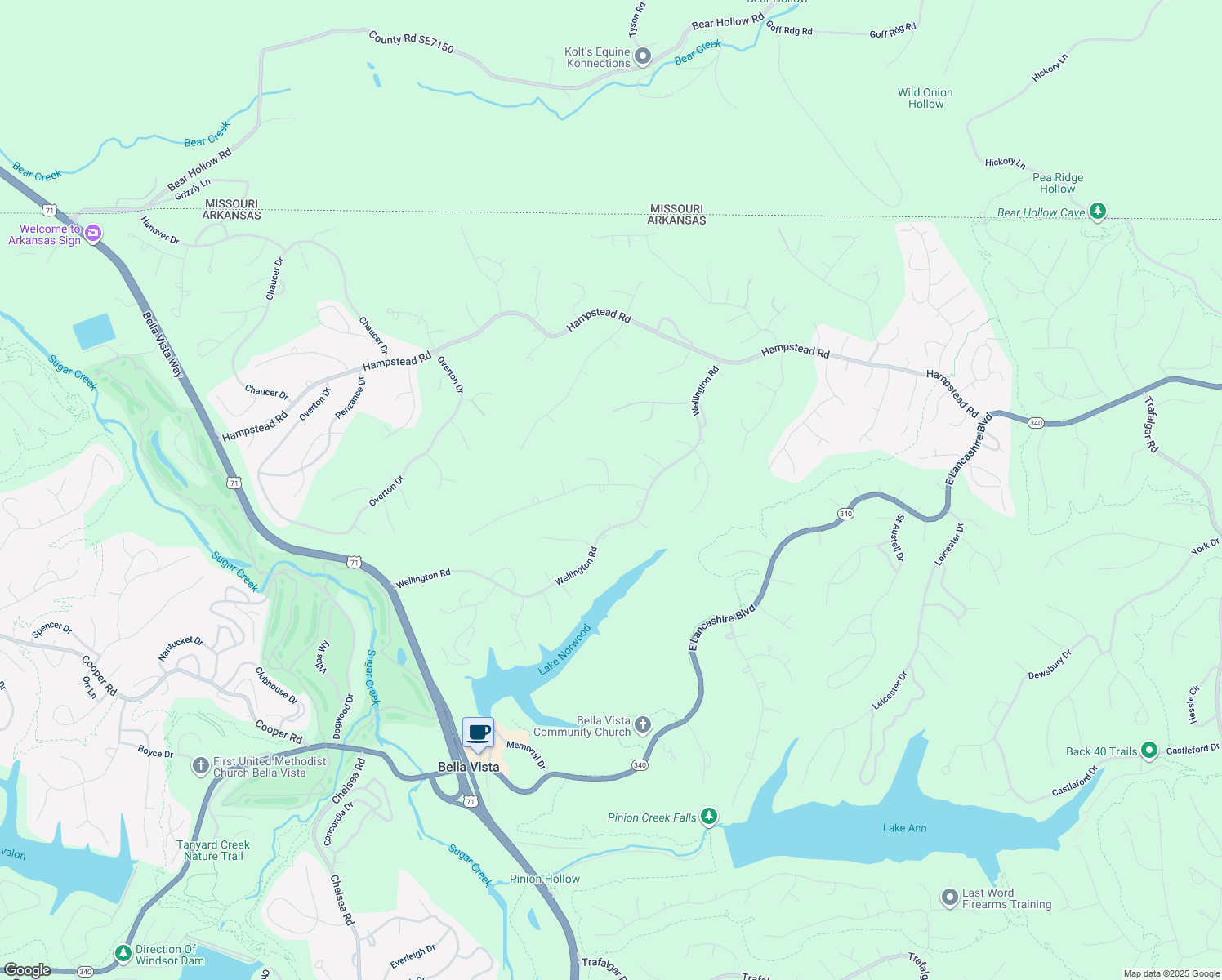 map of restaurants, bars, coffee shops, grocery stores, and more near 1 Bray Lane in Bella Vista