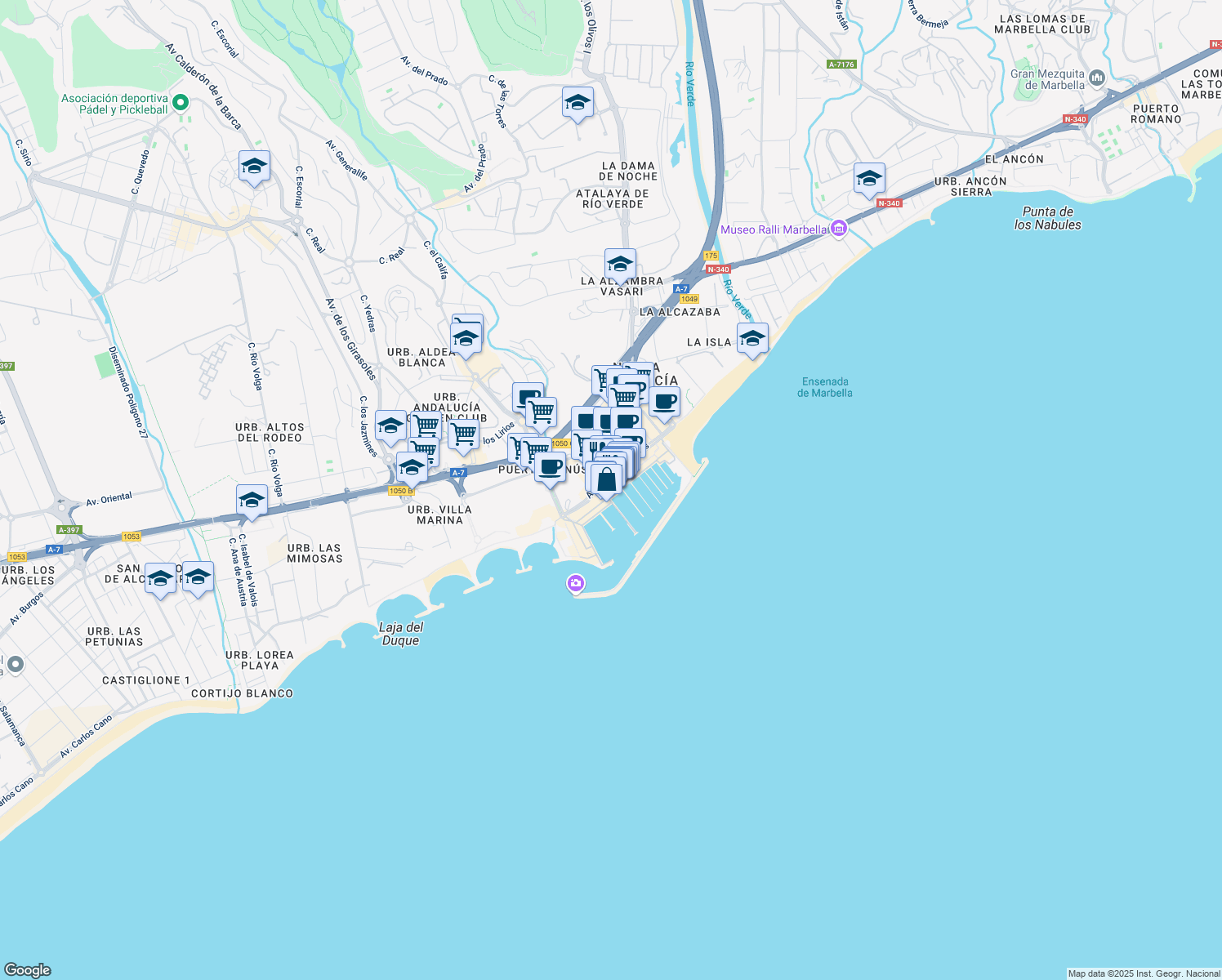 map of restaurants, bars, coffee shops, grocery stores, and more near 2H Calle Ribera in Marbella