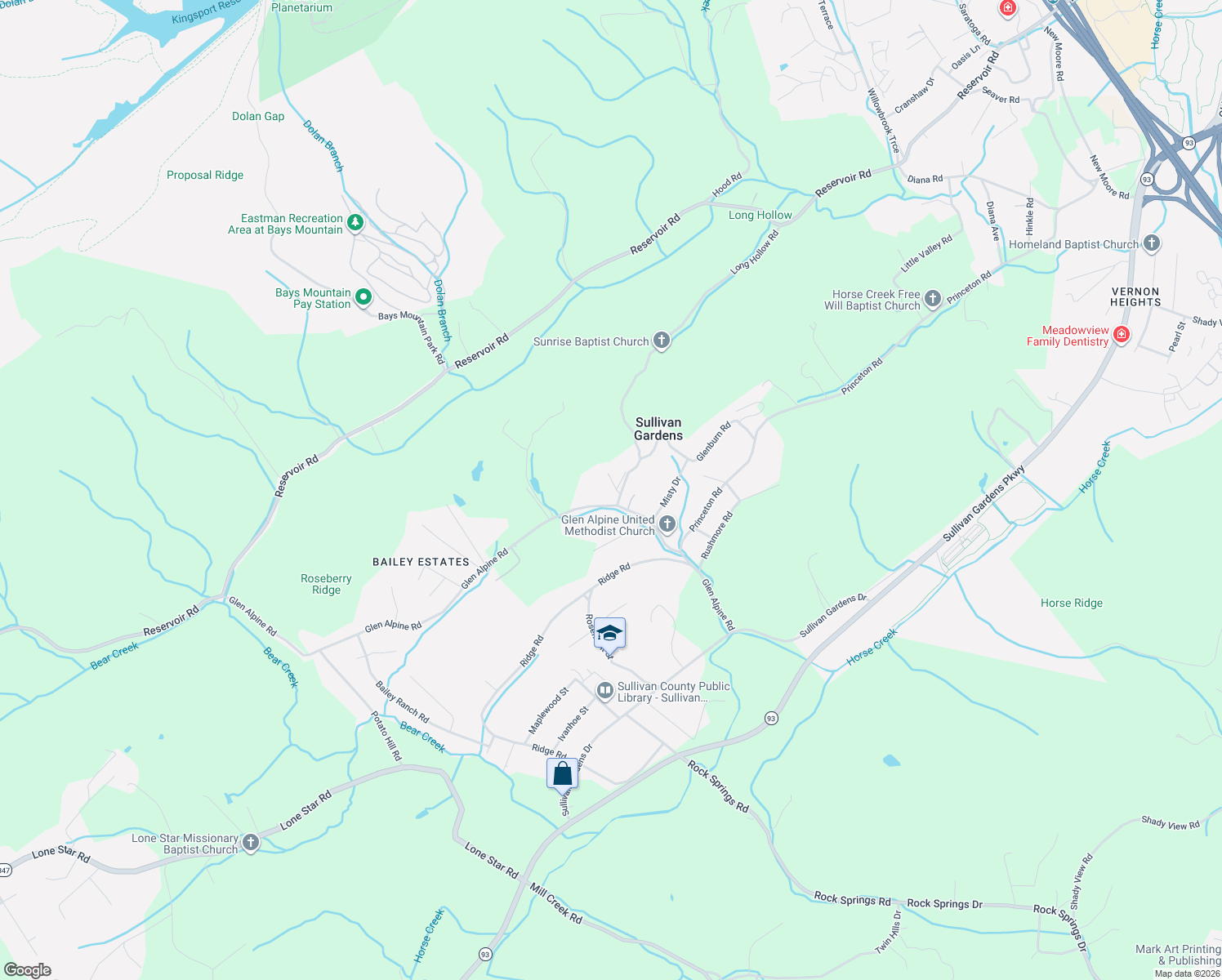 map of restaurants, bars, coffee shops, grocery stores, and more near 3327 Baines Road in Kingsport
