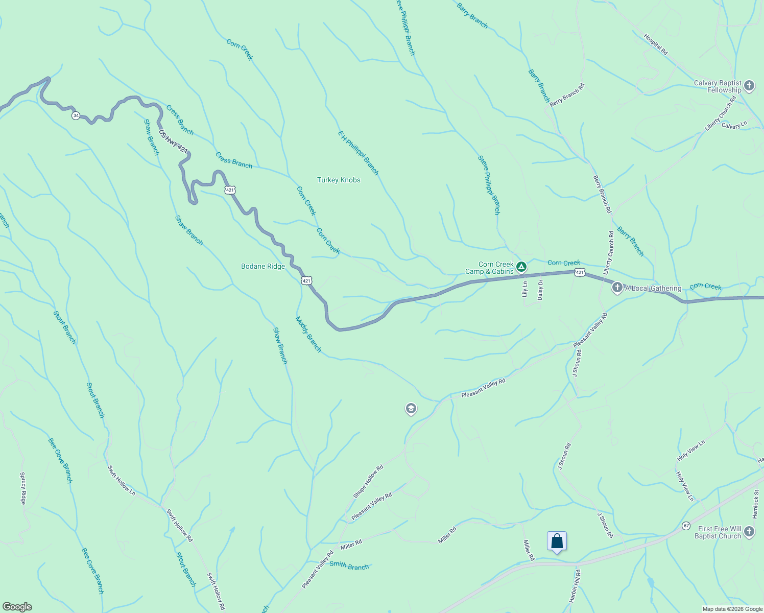 map of restaurants, bars, coffee shops, grocery stores, and more near 3020 Highway 421 North in Mountain City