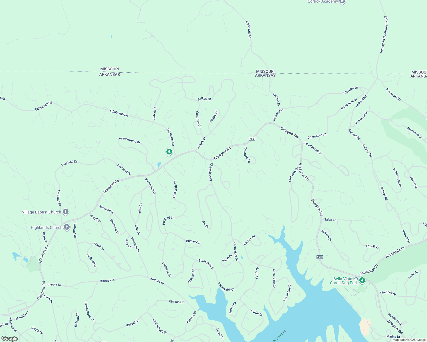 map of restaurants, bars, coffee shops, grocery stores, and more near 5 Stoneykirk Drive in Bella Vista