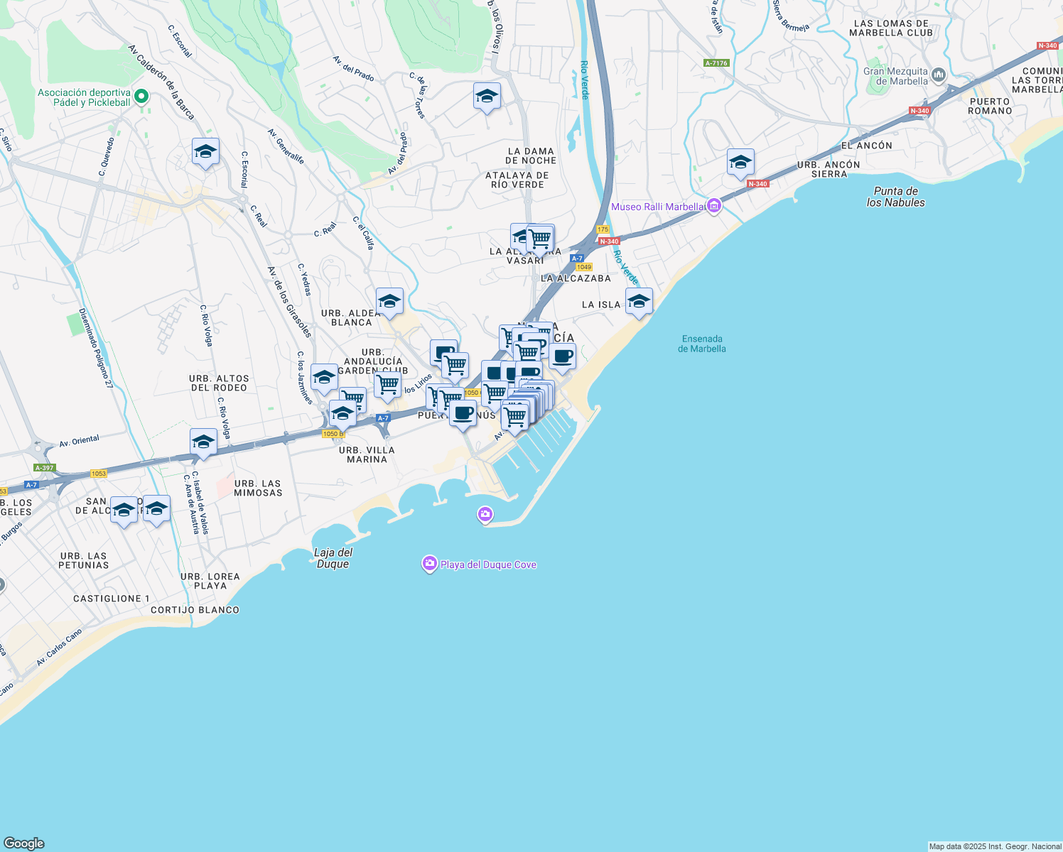 map of restaurants, bars, coffee shops, grocery stores, and more near Calle Ribera in Marbella