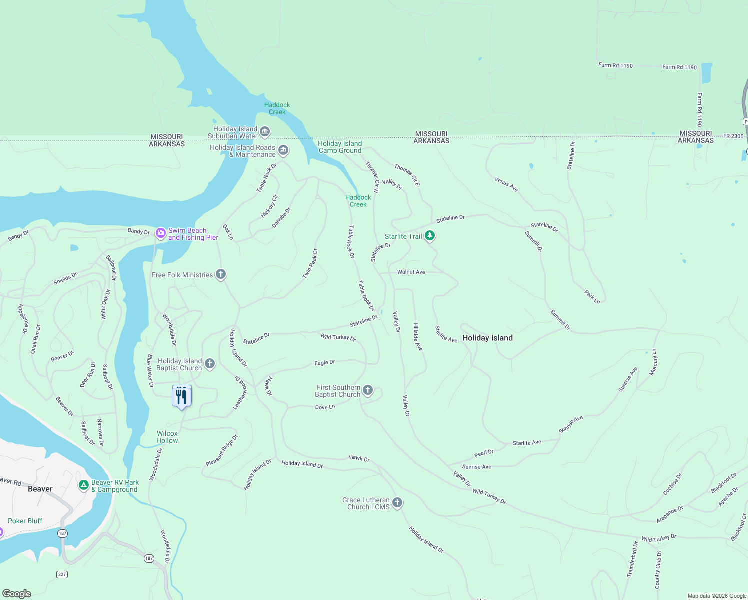 map of restaurants, bars, coffee shops, grocery stores, and more near 213 Table Rock Drive in Holiday Island