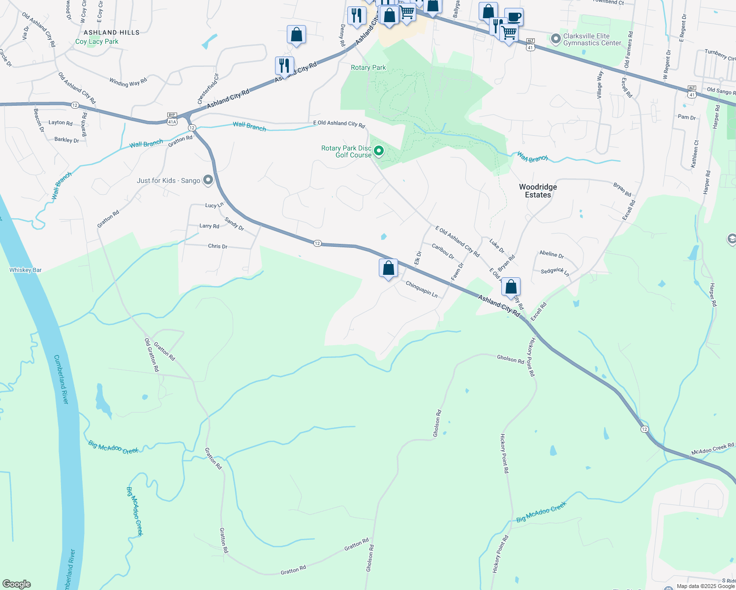 map of restaurants, bars, coffee shops, grocery stores, and more near 738 Acorn Drive in Clarksville