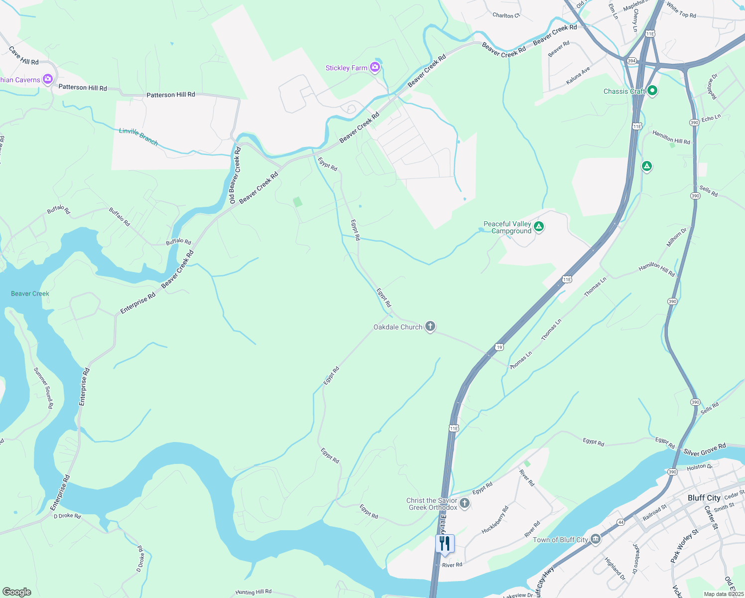 map of restaurants, bars, coffee shops, grocery stores, and more near 1365 Egypt Road in Bluff City