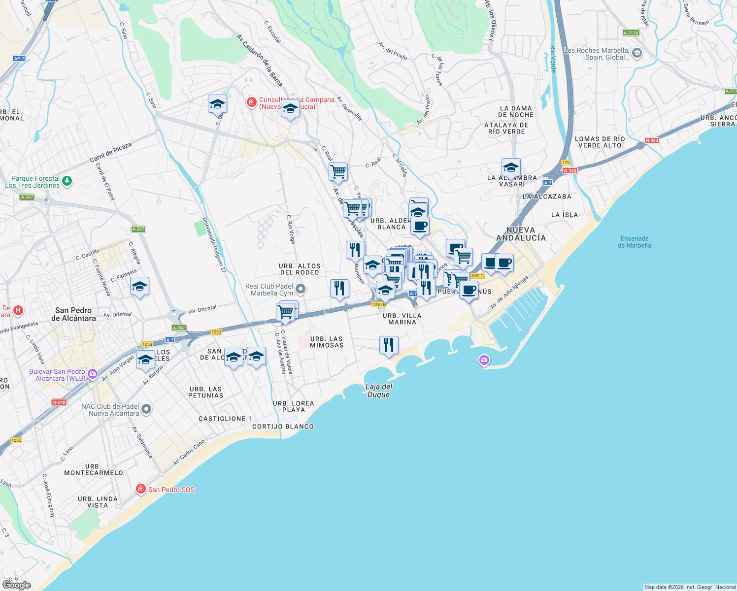 map of restaurants, bars, coffee shops, grocery stores, and more near 487 Calle 02b Nva Andaluc in Marbella