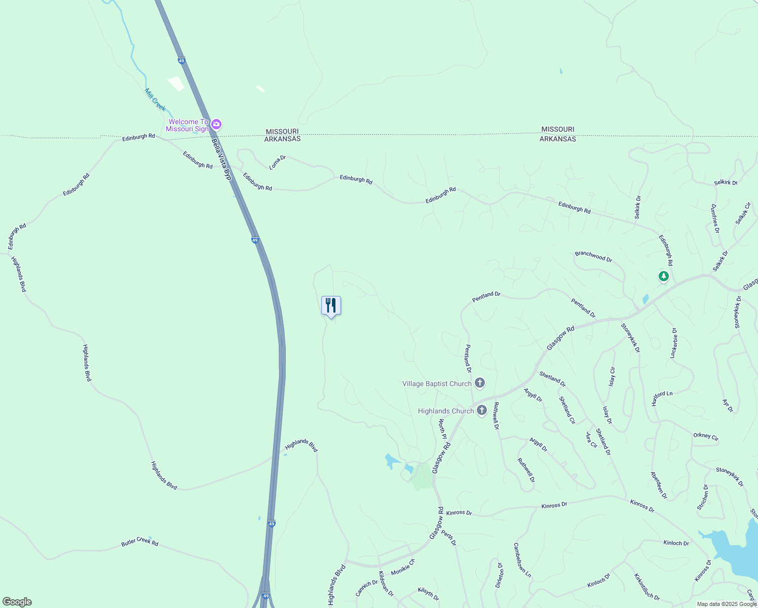 map of restaurants, bars, coffee shops, grocery stores, and more near 1 Kirkpatrick Circle in Bella Vista