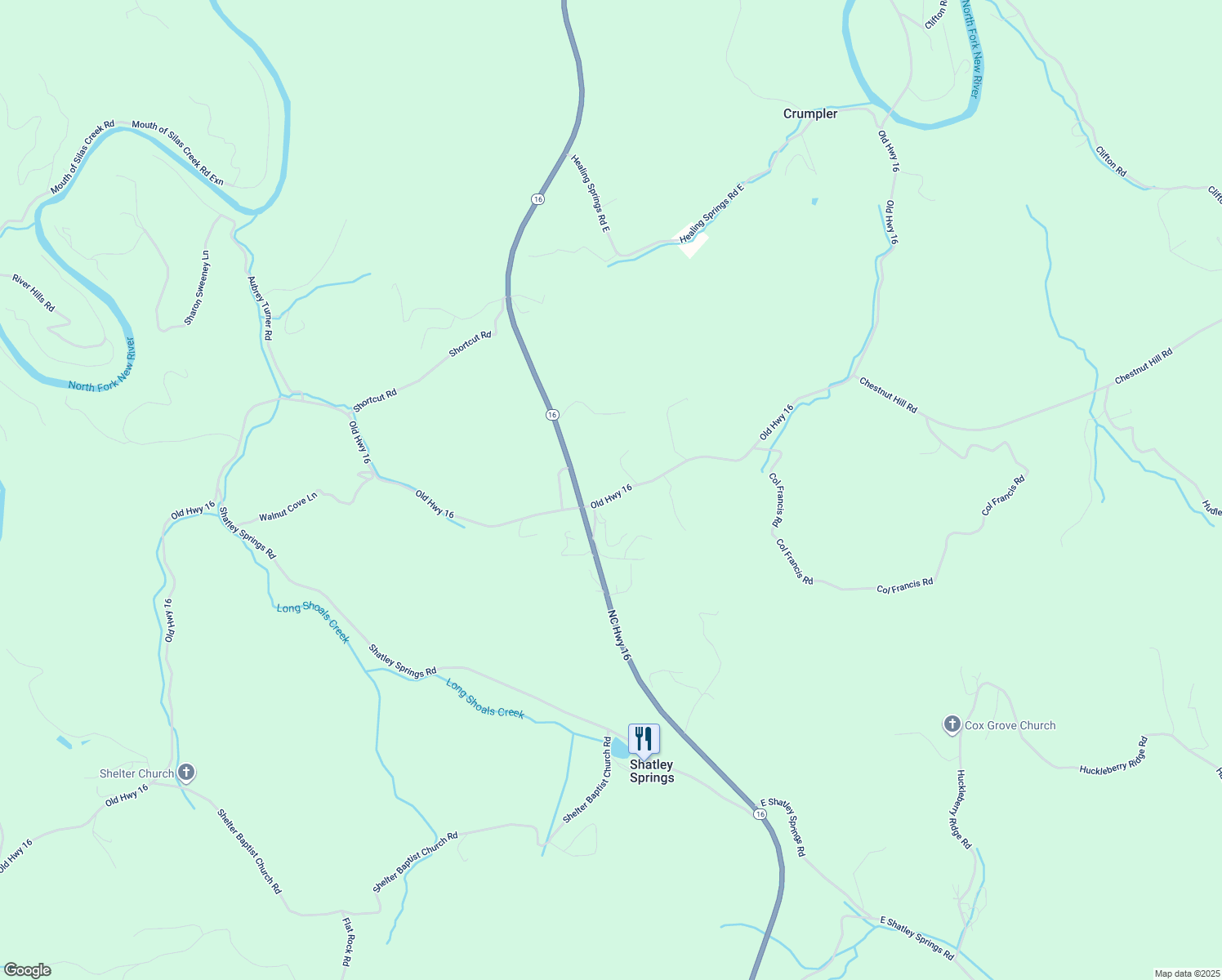 map of restaurants, bars, coffee shops, grocery stores, and more near 7587 Old Highway 16 in Crumpler