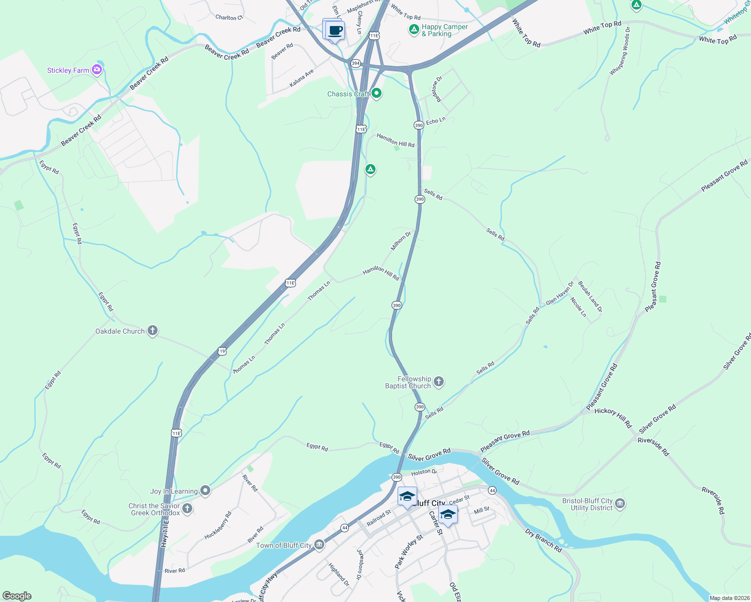 map of restaurants, bars, coffee shops, grocery stores, and more near 640 Hamilton Hill Road in Bluff City