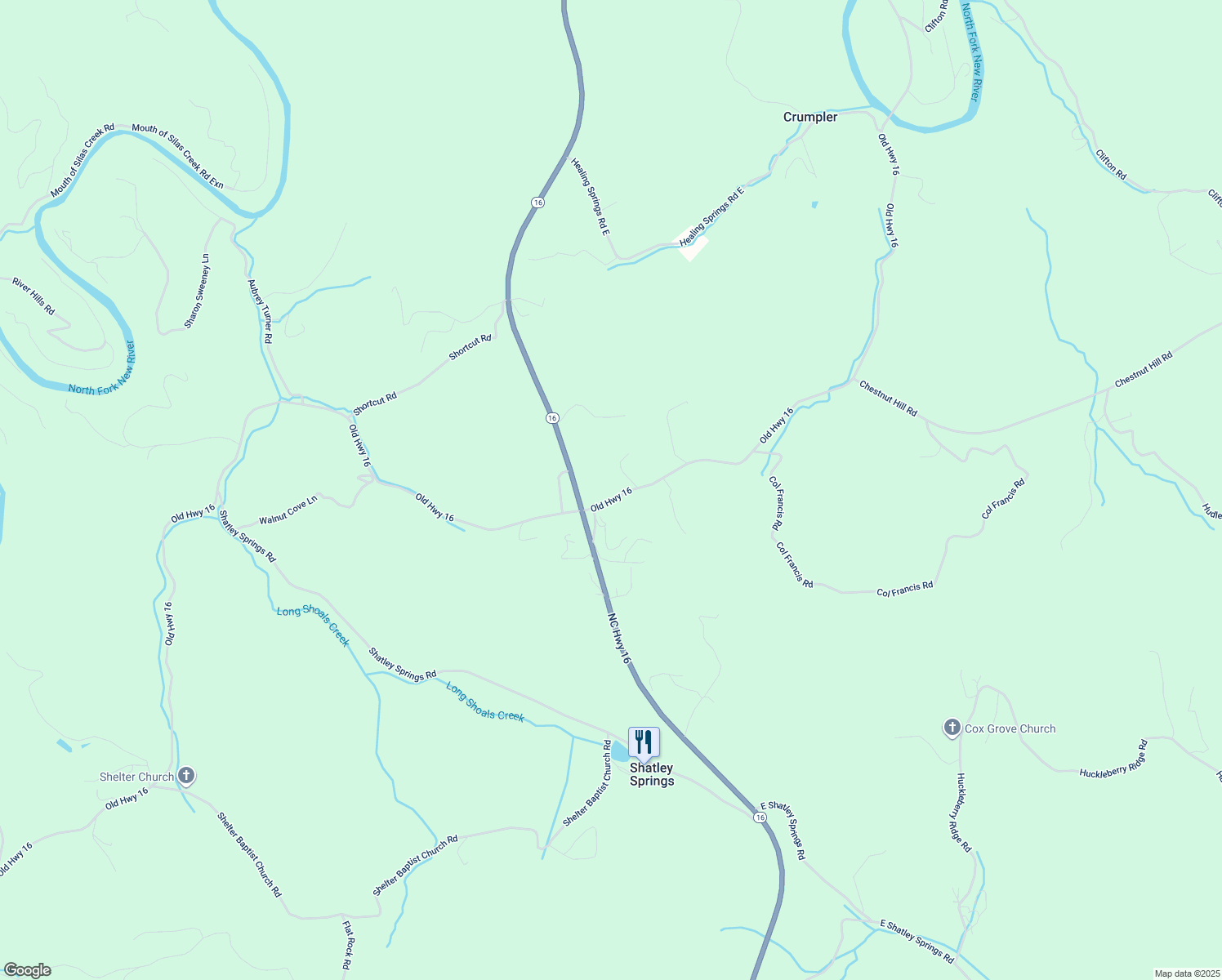 map of restaurants, bars, coffee shops, grocery stores, and more near 7587 Old Highway 16 in Crumpler