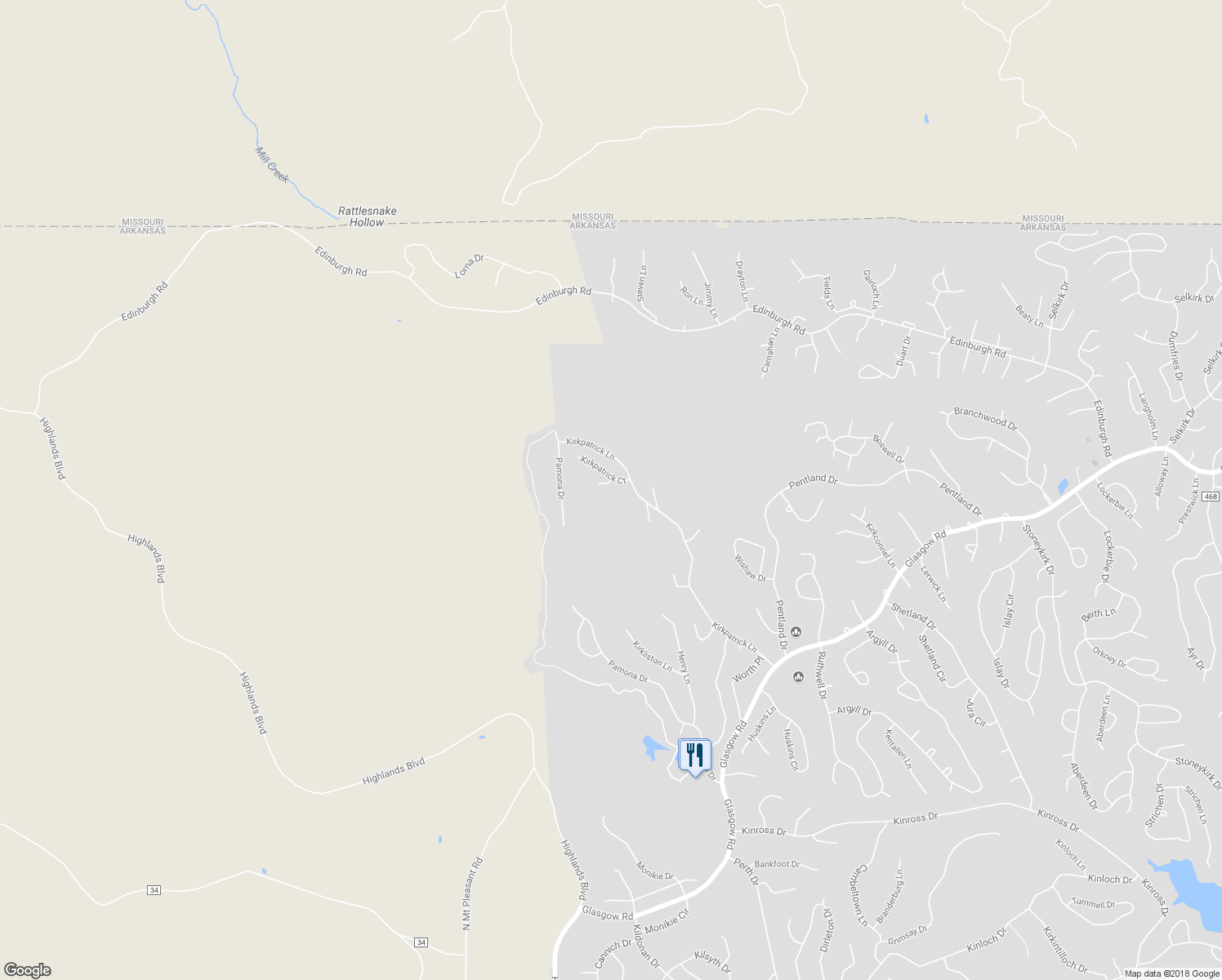 map of restaurants, bars, coffee shops, grocery stores, and more near 1 Kirkpatrick Circle in Bella Vista