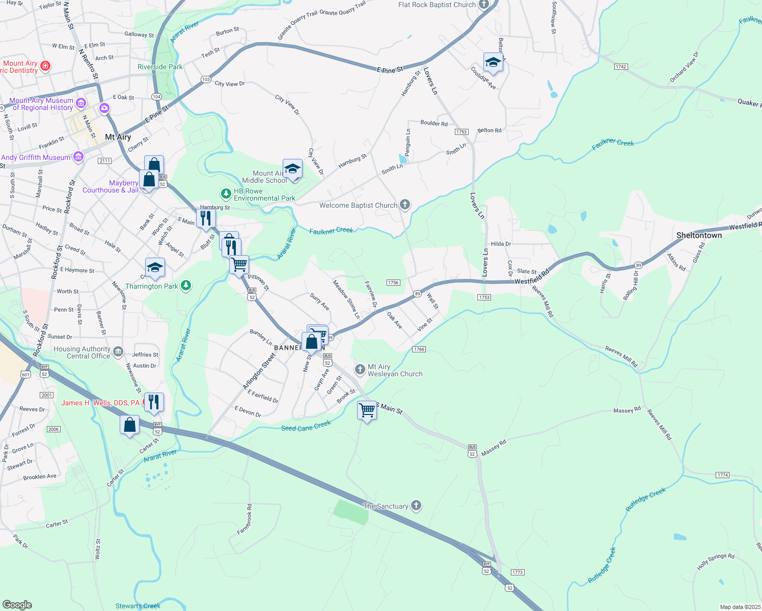 map of restaurants, bars, coffee shops, grocery stores, and more near 1941 Westfield Road in Mount Airy