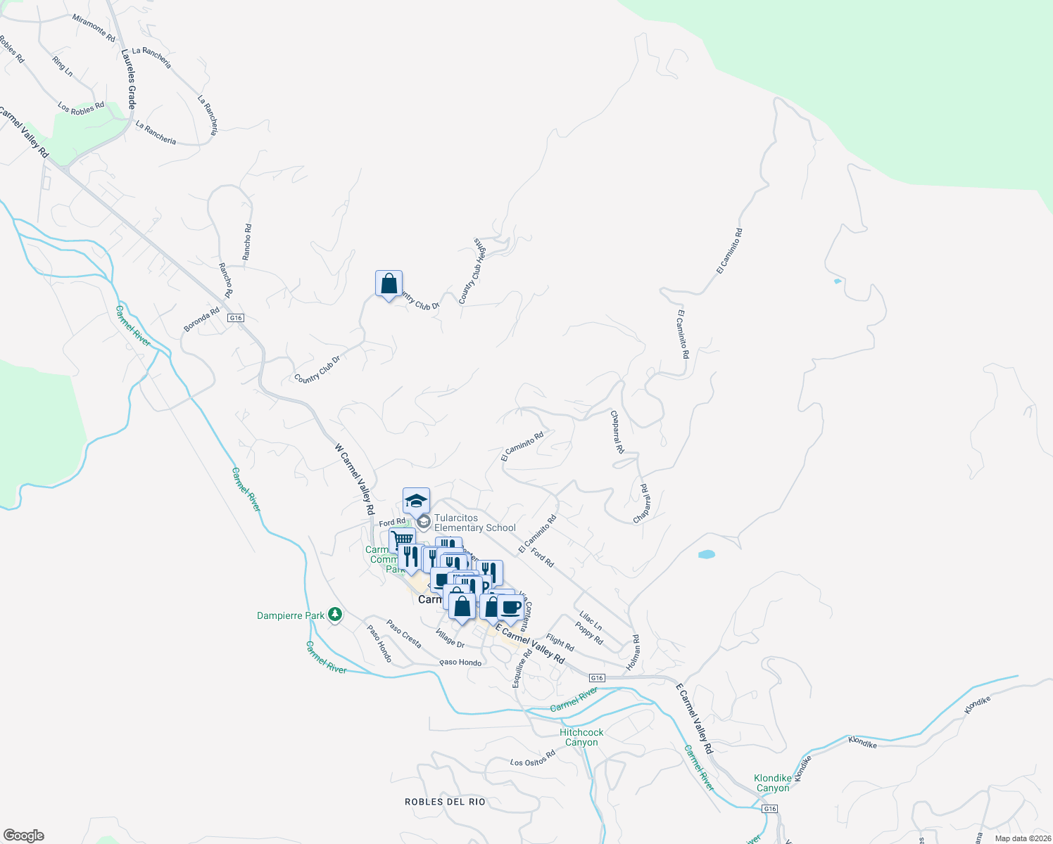 map of restaurants, bars, coffee shops, grocery stores, and more near 238 El Caminito Road in Carmel Valley