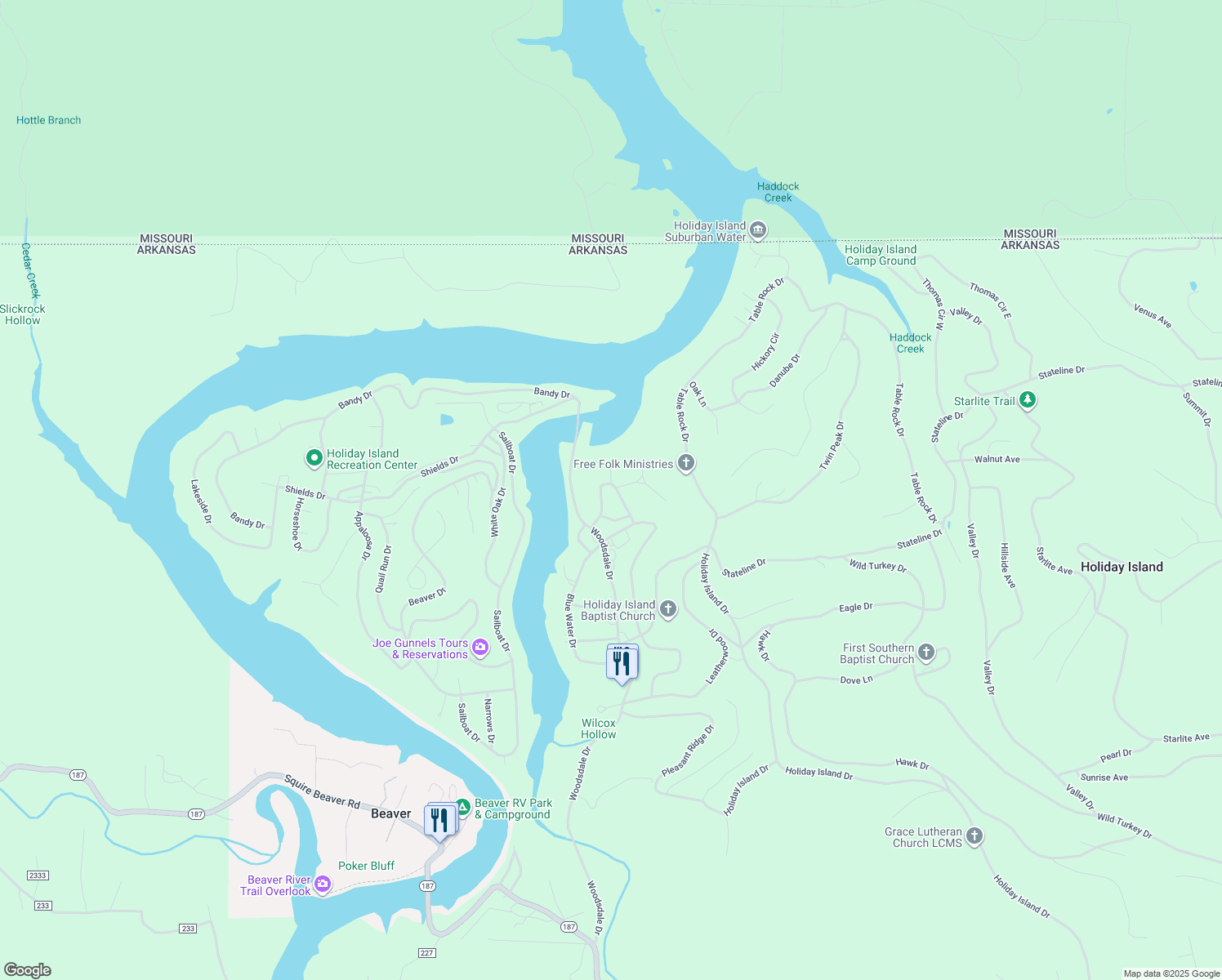 map of restaurants, bars, coffee shops, grocery stores, and more near 25 Green Meadow Lane in Eureka Springs