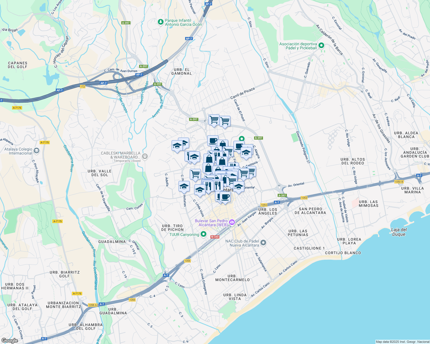 map of restaurants, bars, coffee shops, grocery stores, and more near Calle Bahía in San Pedro Alcántara