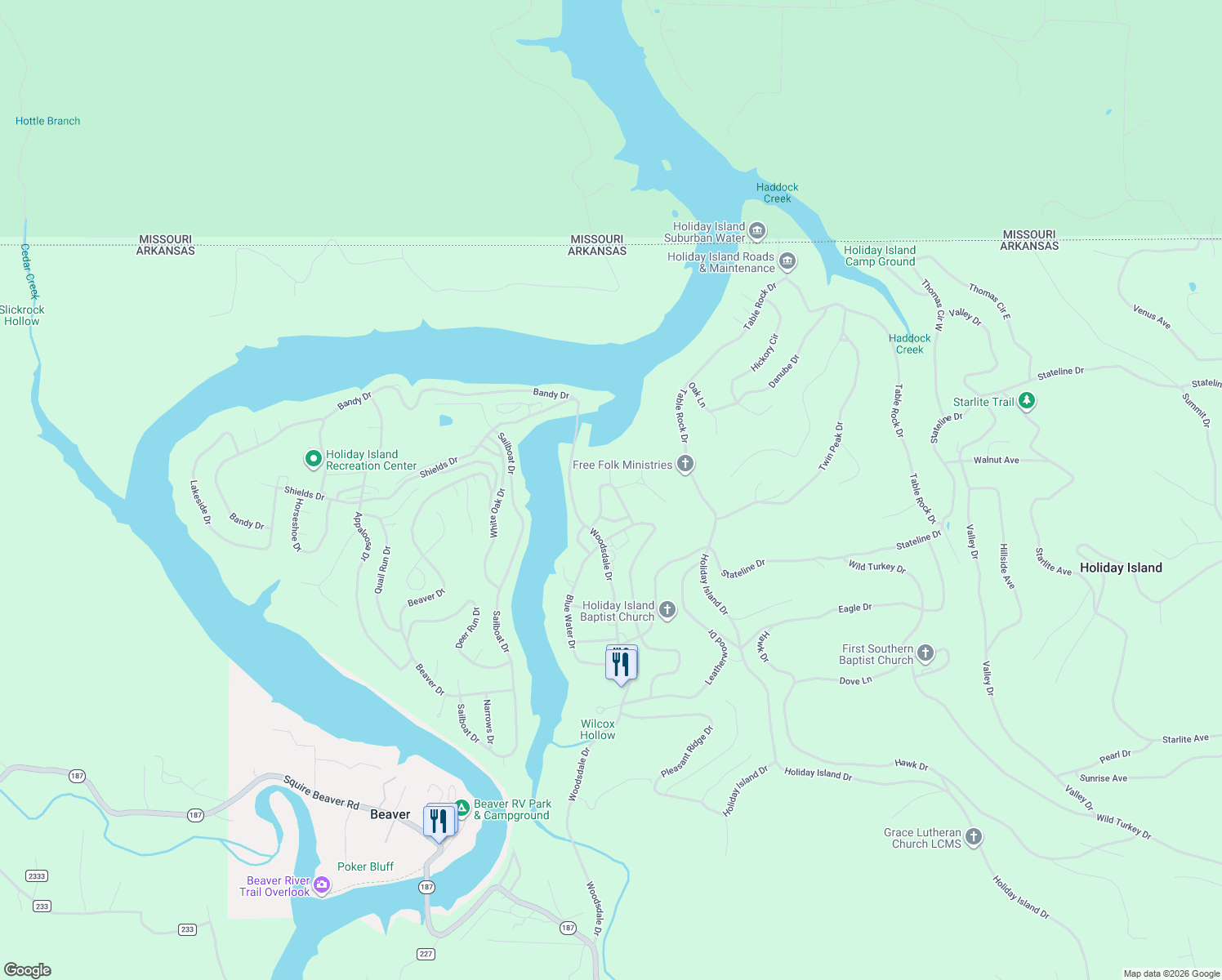 map of restaurants, bars, coffee shops, grocery stores, and more near 25 Green Meadow Lane in Eureka Springs