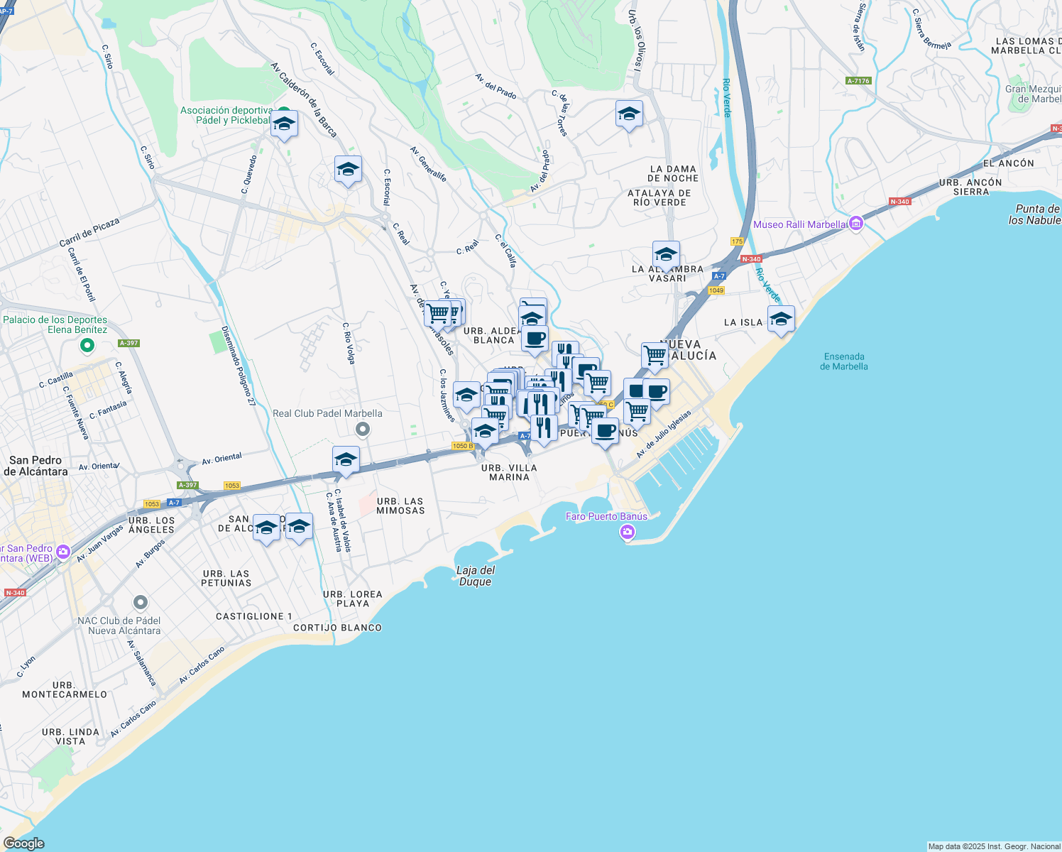 map of restaurants, bars, coffee shops, grocery stores, and more near 067 Carretera Nacional 340 in Puerto Banús, Marbella, Málaga