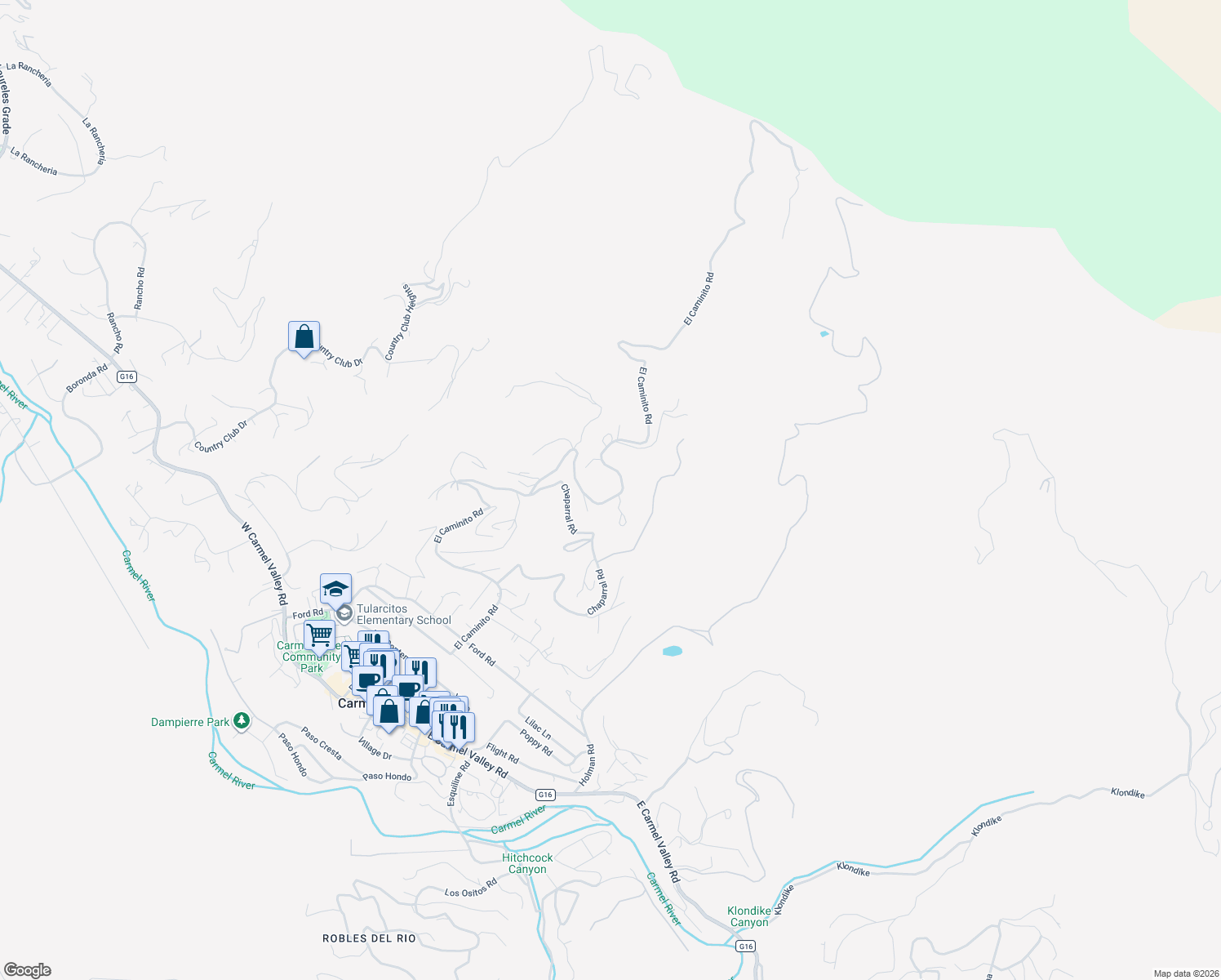 map of restaurants, bars, coffee shops, grocery stores, and more near 344 El Caminito Road in Carmel Valley