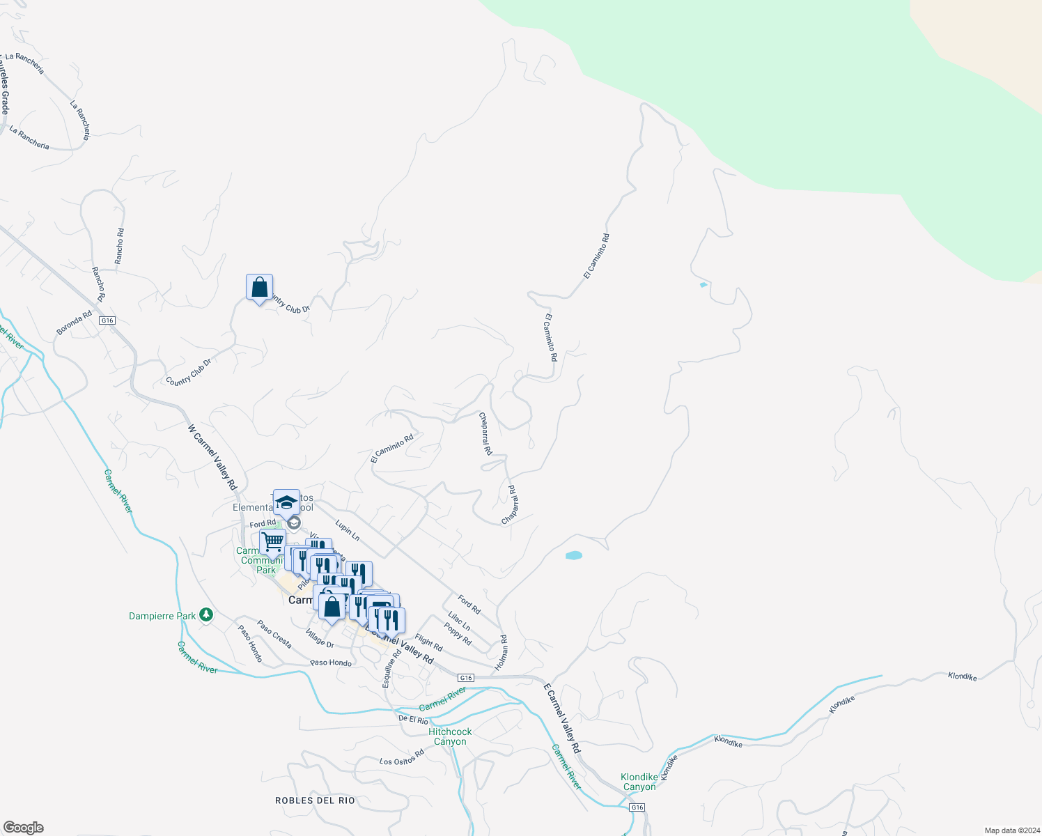 map of restaurants, bars, coffee shops, grocery stores, and more near 344 El Caminito Road in Carmel Valley