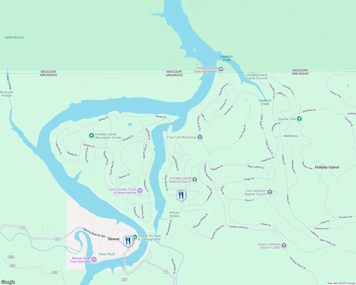 map of restaurants, bars, coffee shops, grocery stores, and more near 25 Green Meadow Ln in Eureka Springs