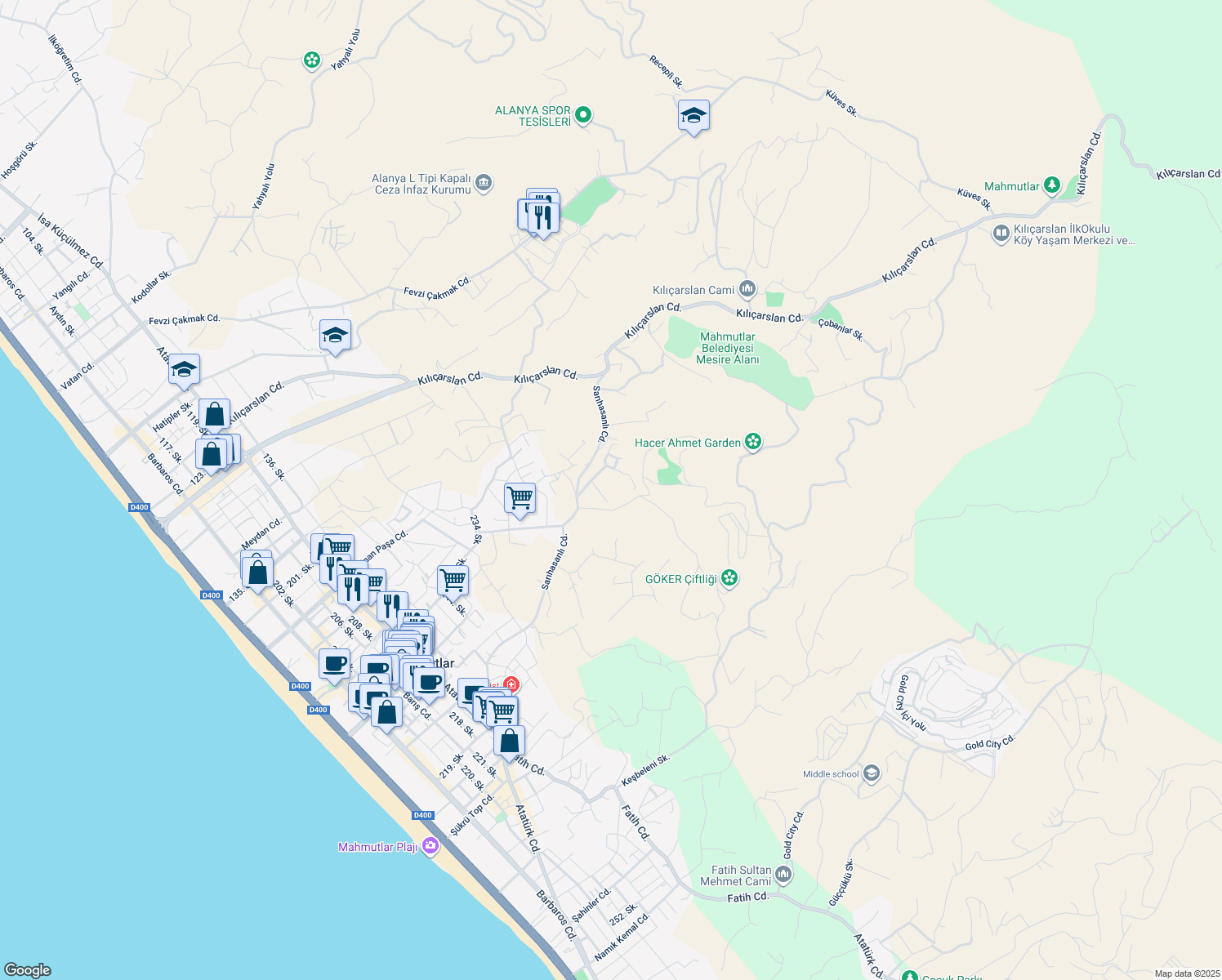 map of restaurants, bars, coffee shops, grocery stores, and more near in Alanya