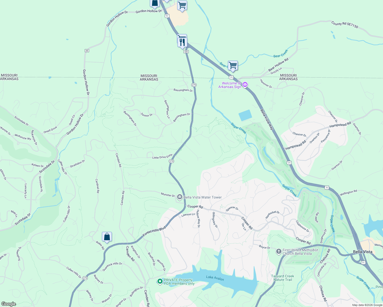 map of restaurants, bars, coffee shops, grocery stores, and more near 10 Milford Lane in Bella Vista