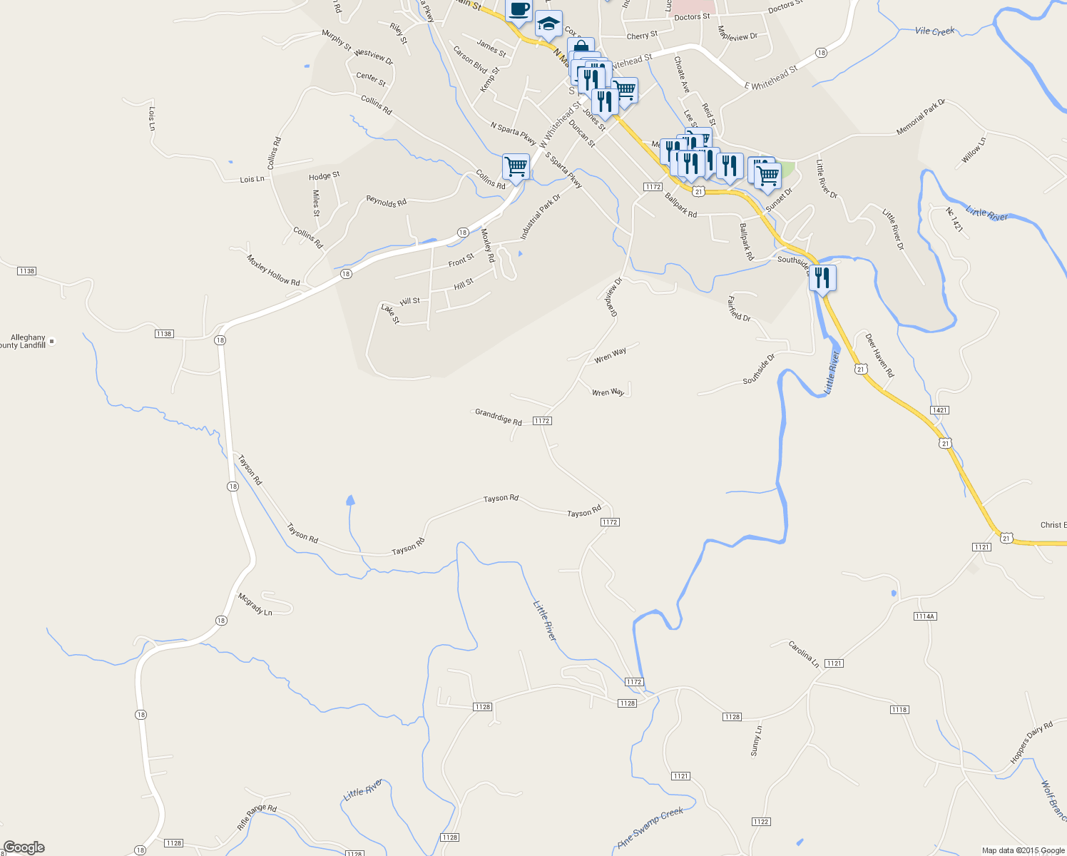 map of restaurants, bars, coffee shops, grocery stores, and more near 41 Grandridge Road in Sparta