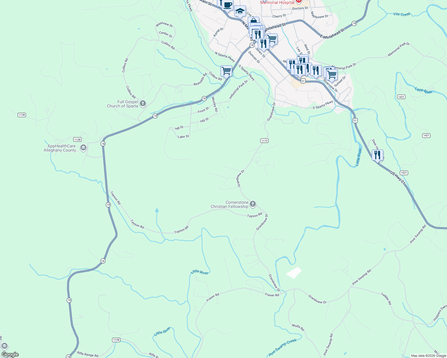 map of restaurants, bars, coffee shops, grocery stores, and more near 26 Elm Drive in Sparta