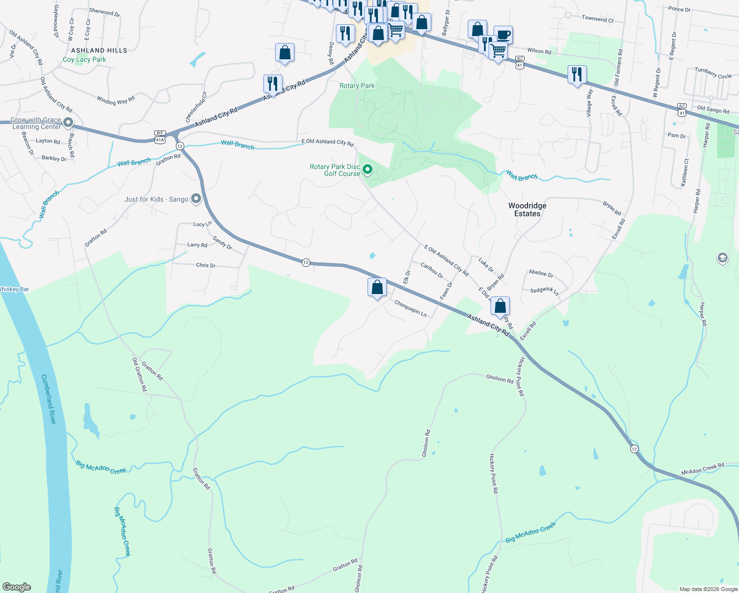map of restaurants, bars, coffee shops, grocery stores, and more near 2704 Knob Court in Clarksville