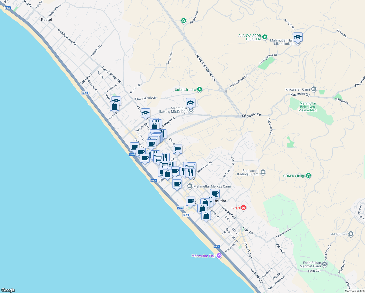 map of restaurants, bars, coffee shops, grocery stores, and more near 5 Kervansaray Caddesi in Alanya