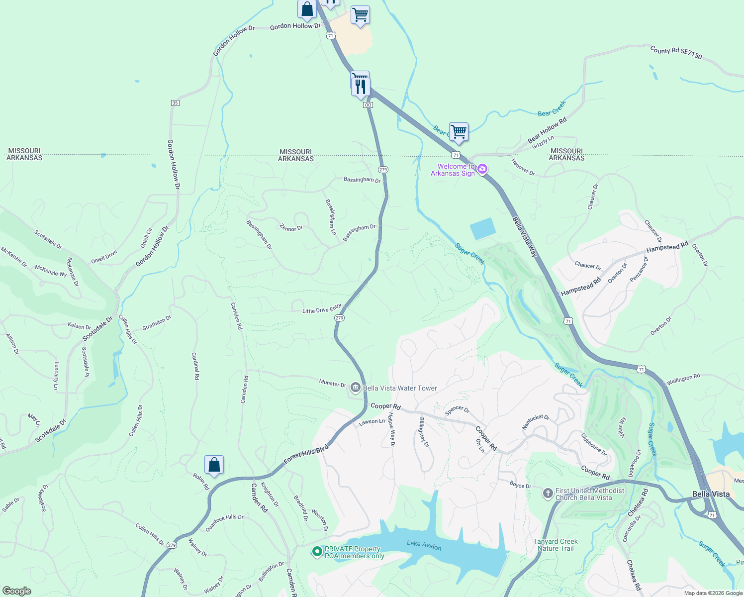 map of restaurants, bars, coffee shops, grocery stores, and more near 10 Milford Lane in Bella Vista