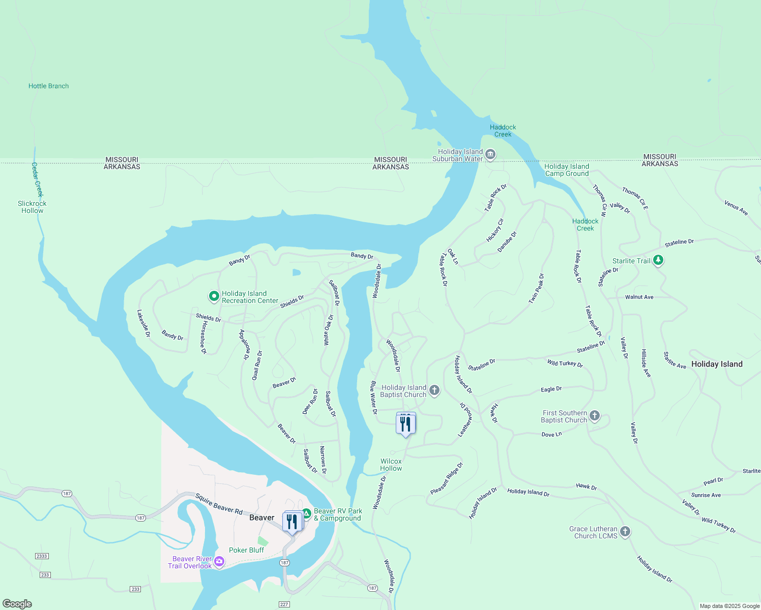 map of restaurants, bars, coffee shops, grocery stores, and more near 120 Woodsdale Drive in Eureka Springs