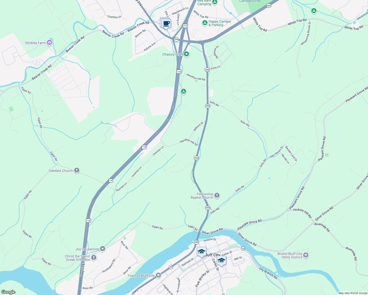 map of restaurants, bars, coffee shops, grocery stores, and more near 640 Hamilton Hill Road in Bluff City