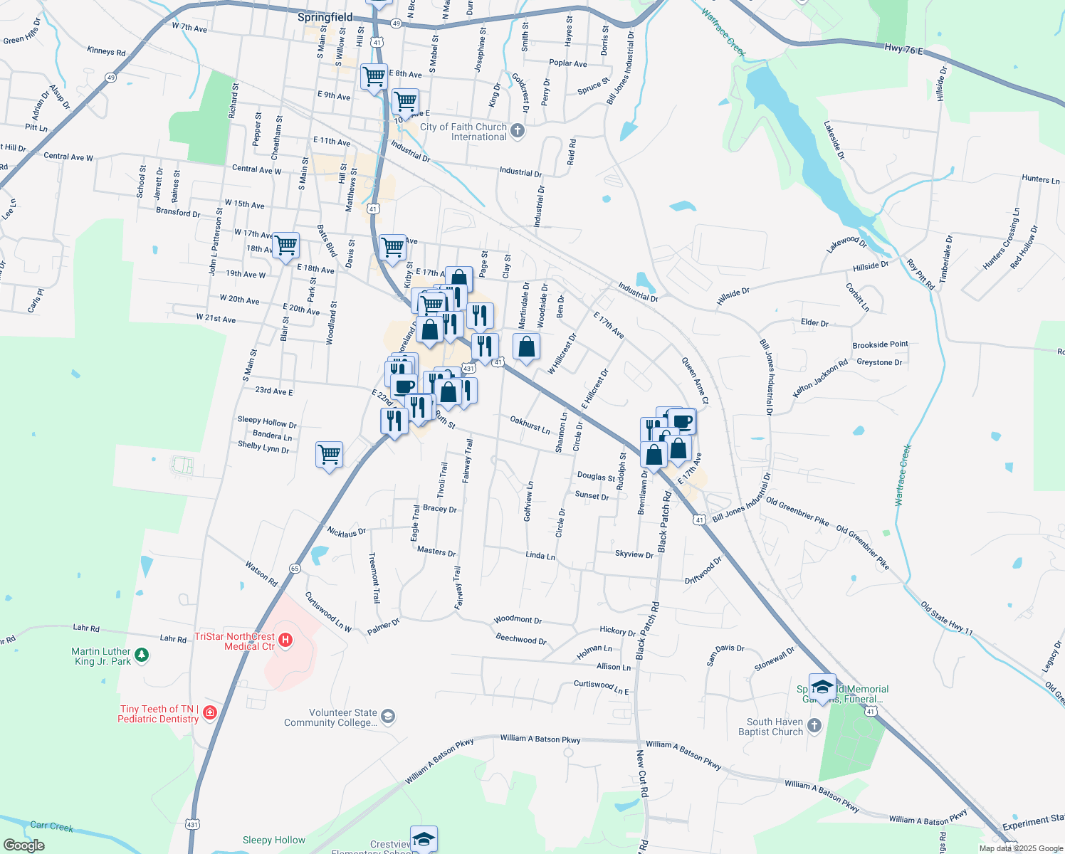 map of restaurants, bars, coffee shops, grocery stores, and more near 2305 Oakhurst Lane in Springfield