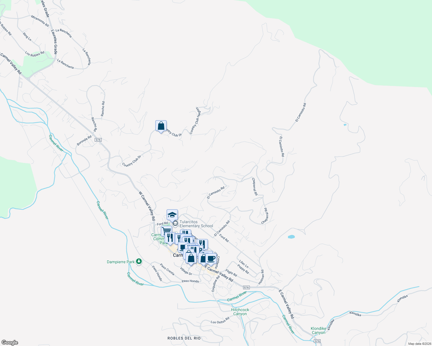 map of restaurants, bars, coffee shops, grocery stores, and more near 238 El Caminito Road in Carmel Valley