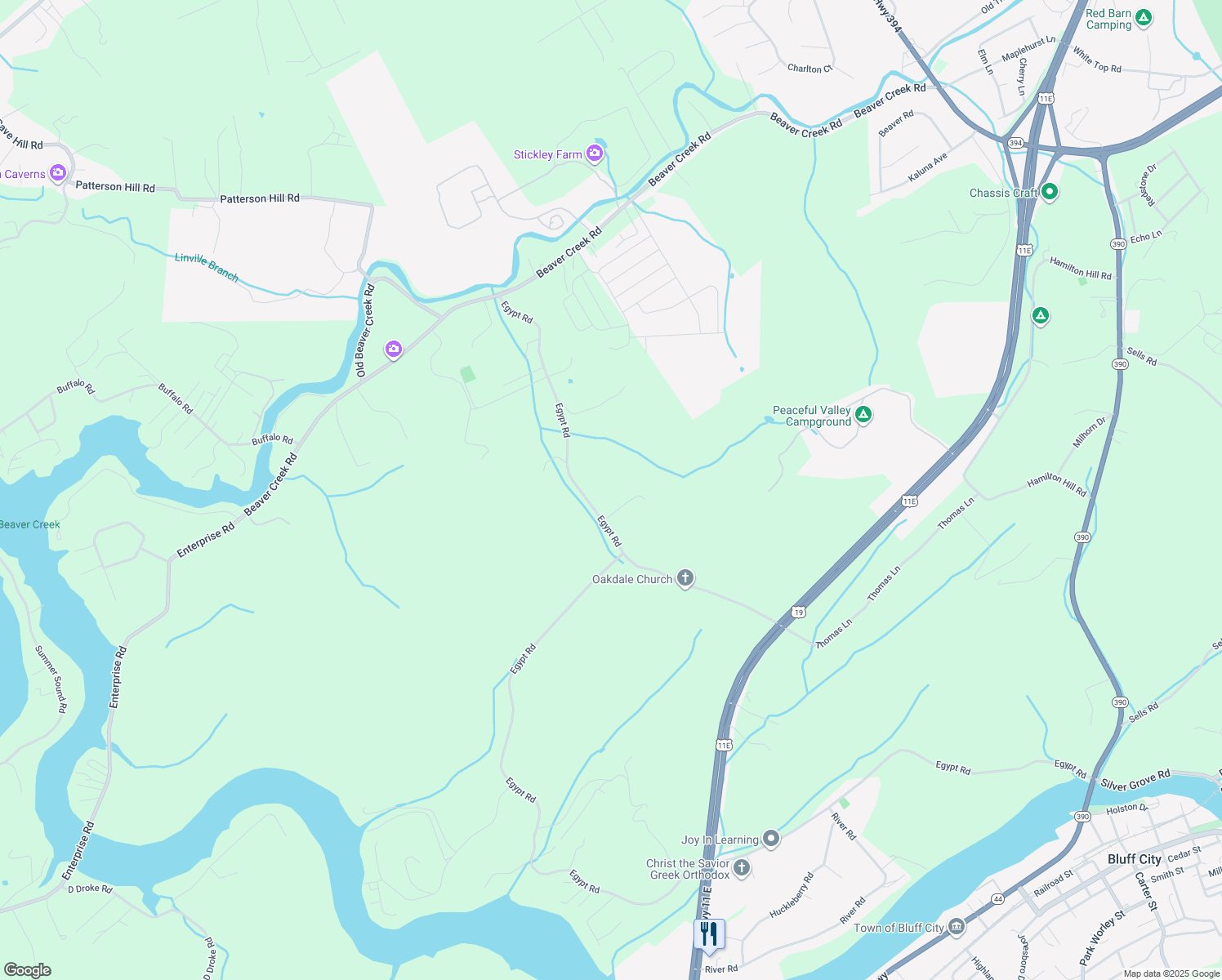 map of restaurants, bars, coffee shops, grocery stores, and more near 1426 Egypt Road in Bluff City