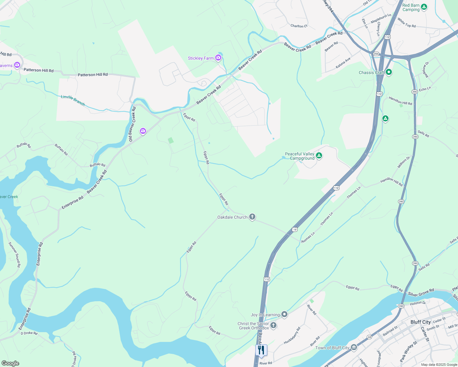 map of restaurants, bars, coffee shops, grocery stores, and more near 1426 Egypt Road in Bluff City