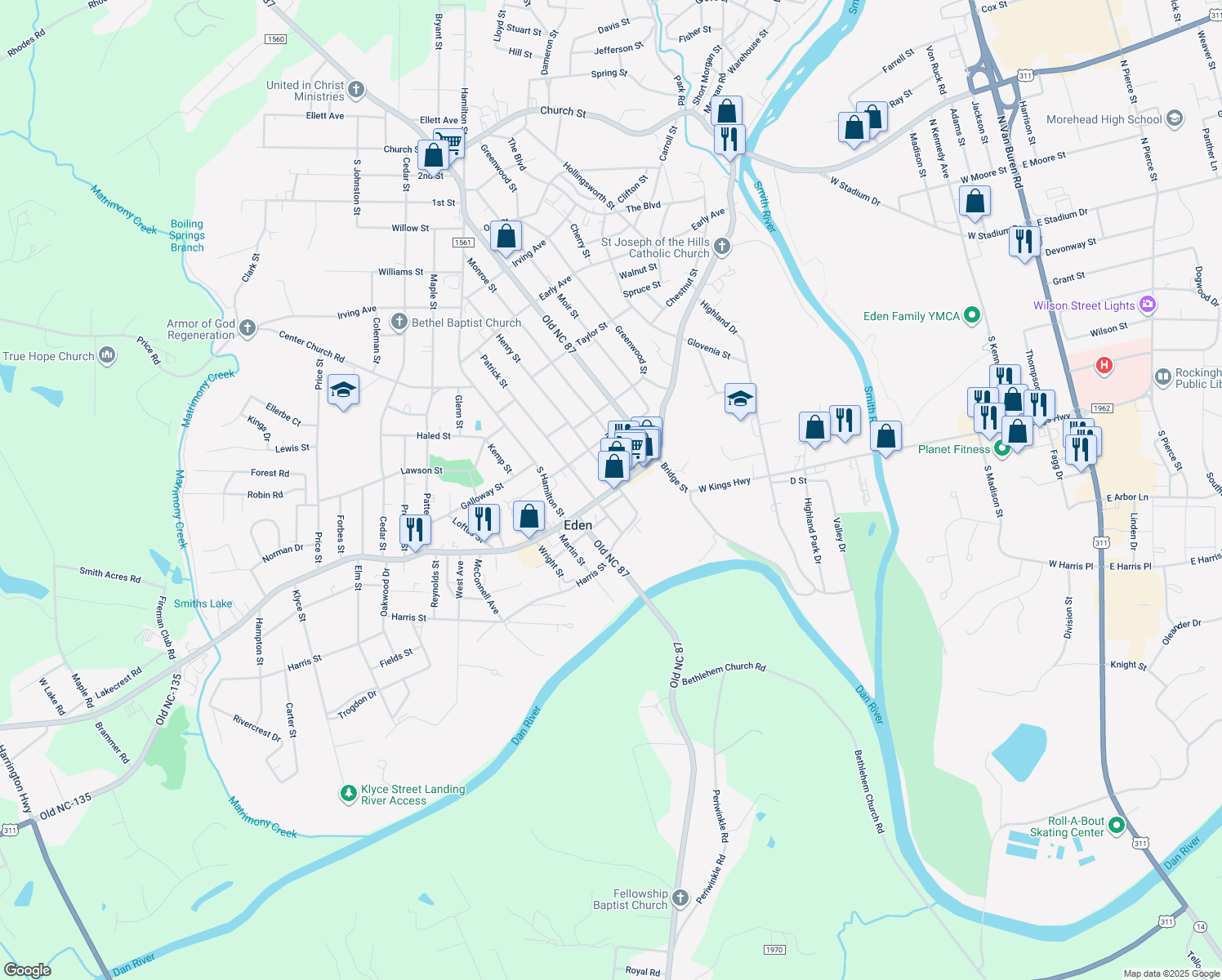map of restaurants, bars, coffee shops, grocery stores, and more near 723 Old State Highway 87 in Eden