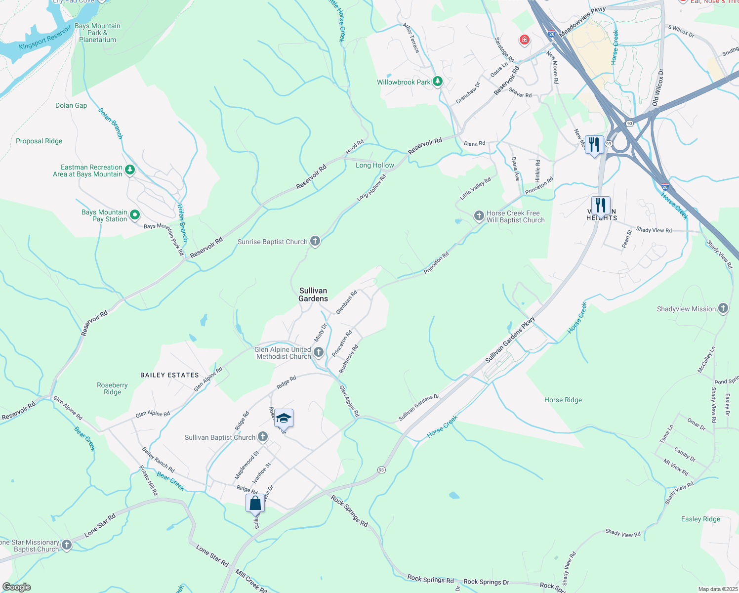 map of restaurants, bars, coffee shops, grocery stores, and more near 2217 Glenburn Road in Kingsport