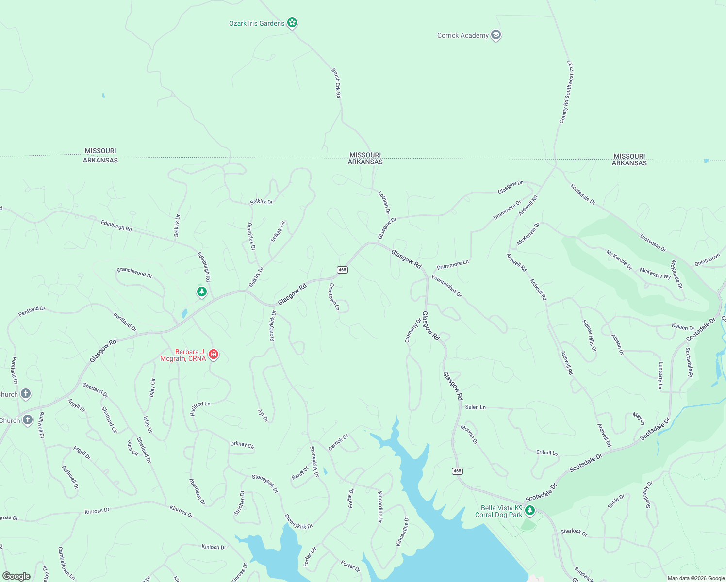 map of restaurants, bars, coffee shops, grocery stores, and more near 12 Roxburgh Drive in Bella Vista