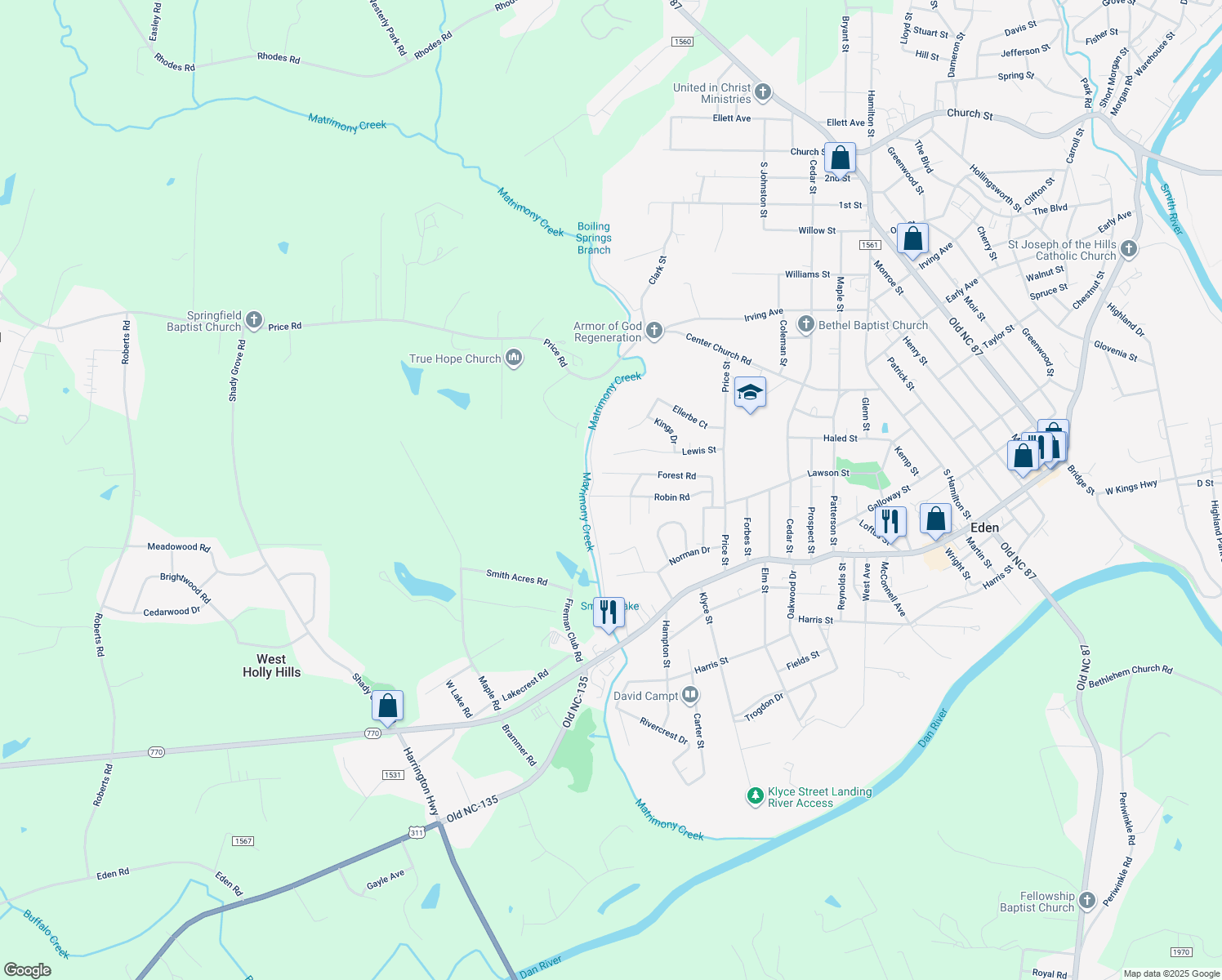 map of restaurants, bars, coffee shops, grocery stores, and more near 1311 Robin Road in Eden